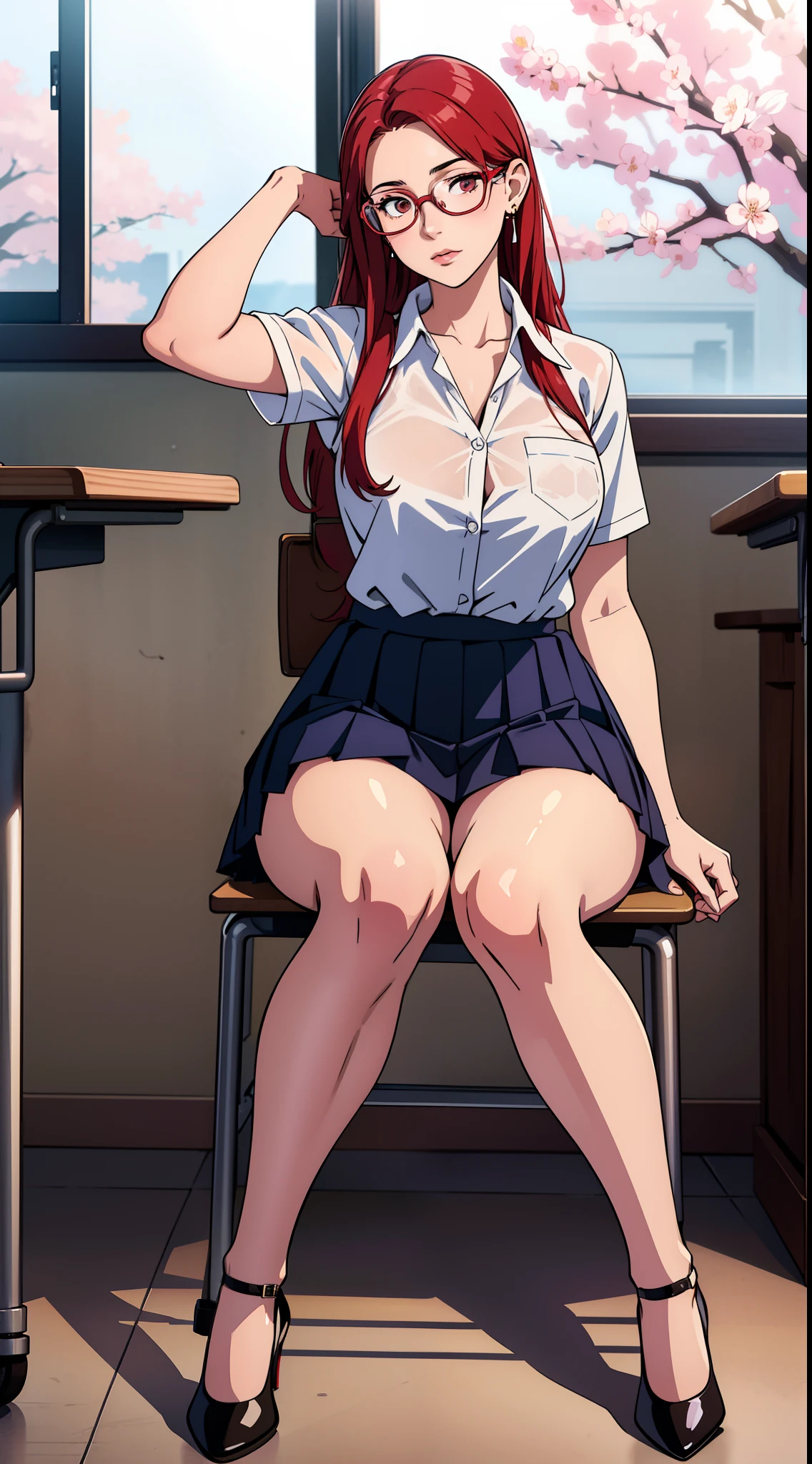 A realistic real-life selfie of a 19 year old girl, white skin, eyeglasses, large ankle earrings, female school uniform, open shirt, pleated skirt, high heels, midday sun, hyperrealistic, model body, no breasts , long hair, Straight hair, red hair tips, long legs, 8k, 超High resolution, best quality, classroom, school, RAW portrait, cherry blossom, ambient lighting, detailed shadows, camera focus on thighs, sexy pose, Sitting on the school chair, a large amount of cloudy liquid oozes from the genitals, many people in the background