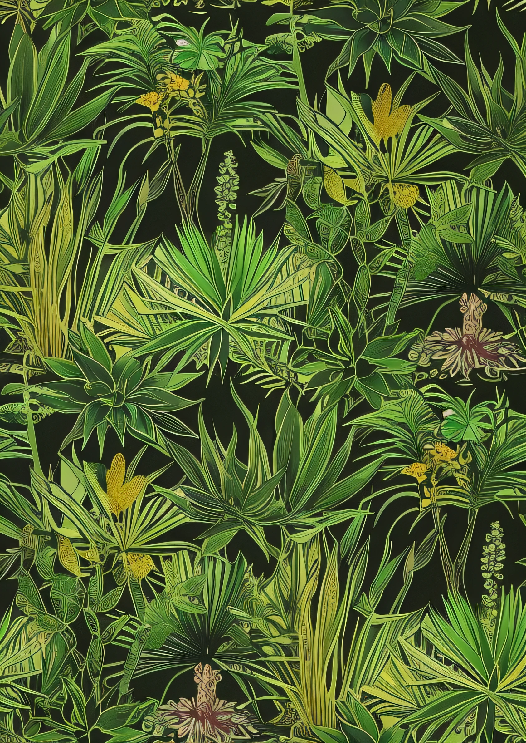 Close-up of wallpaper with plant motifs, plants allover, botanic foliage, botanical background, a plant, lush botany, intricate plants, detailed beautiful plants, tropical plants and flowers, plant patterns, plants and jungle, detailed plants, Tropical plants, delicate garden on paper, detailed plant life, a plant, Flora Print, exotic vegetation, verdant plants