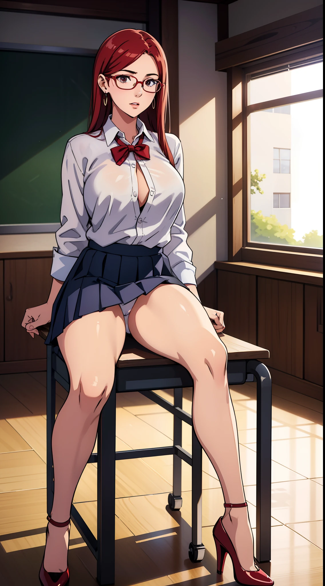 A realistic real-life selfie of a 19 year old girl, white skin, eyeglasses, large ankle earrings, female school uniform, open shirt, pleated skirt, high heels, midday sun, hyperrealistic, model body, no breasts , long hair, Straight hair, red hair tips, long legs, 8k, 超High resolution, best quality, classroom, school, RAW portrait, cherry blossom, ambient lighting, detailed shadows, camera focus on thighs, sexy pose, Sitting on the school chair, a large amount of cloudy liquid oozes from the genitals, many people in the background