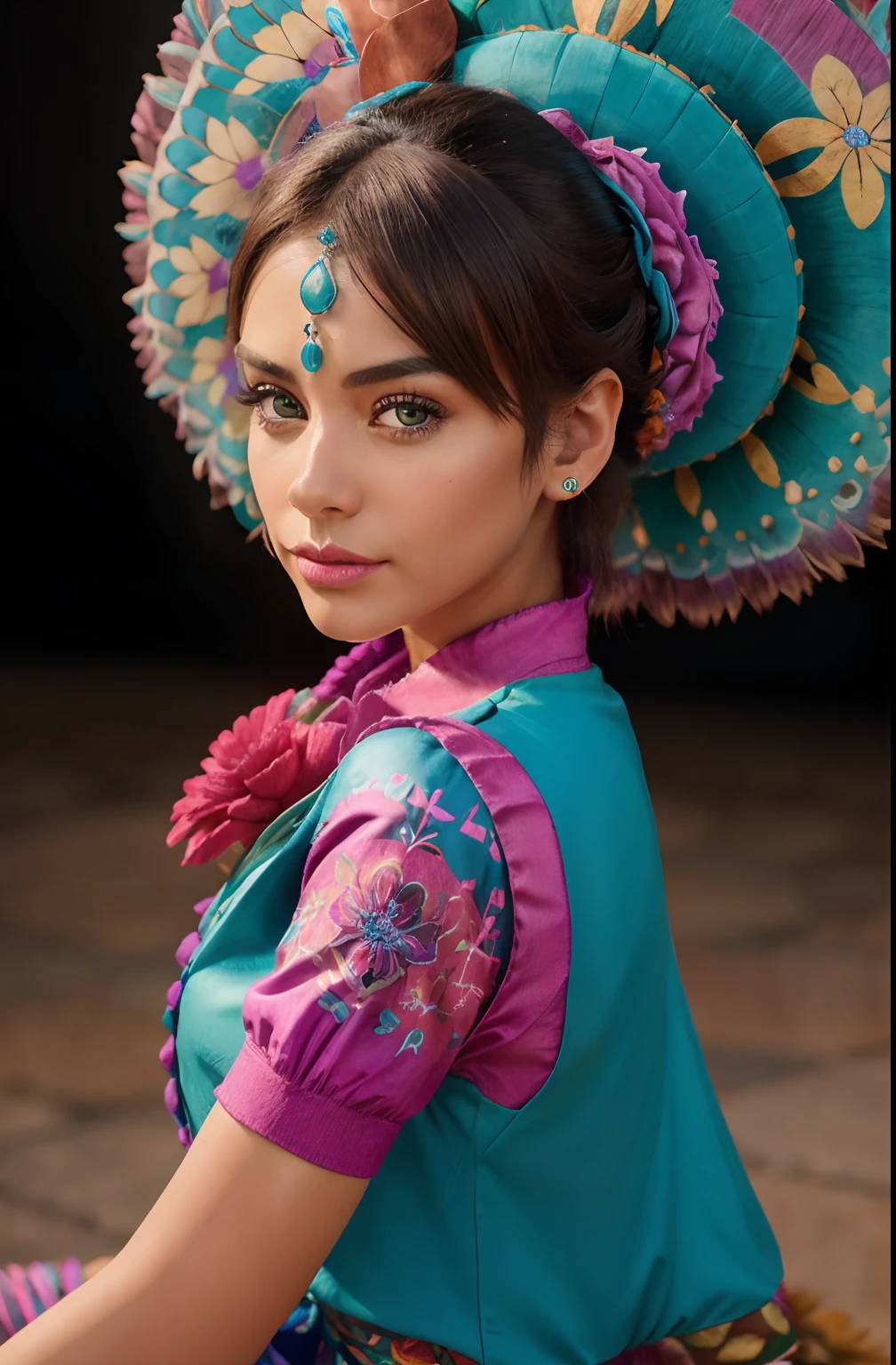 1 girl,teal hub color,Sony Alpha 1,Sony FE 16-35mm f/2.8 GM,sharp focus,highly detailed,rich colors,vibrant colors,trend on Artstation,4k,xxmix girl,(alebrijes art style)