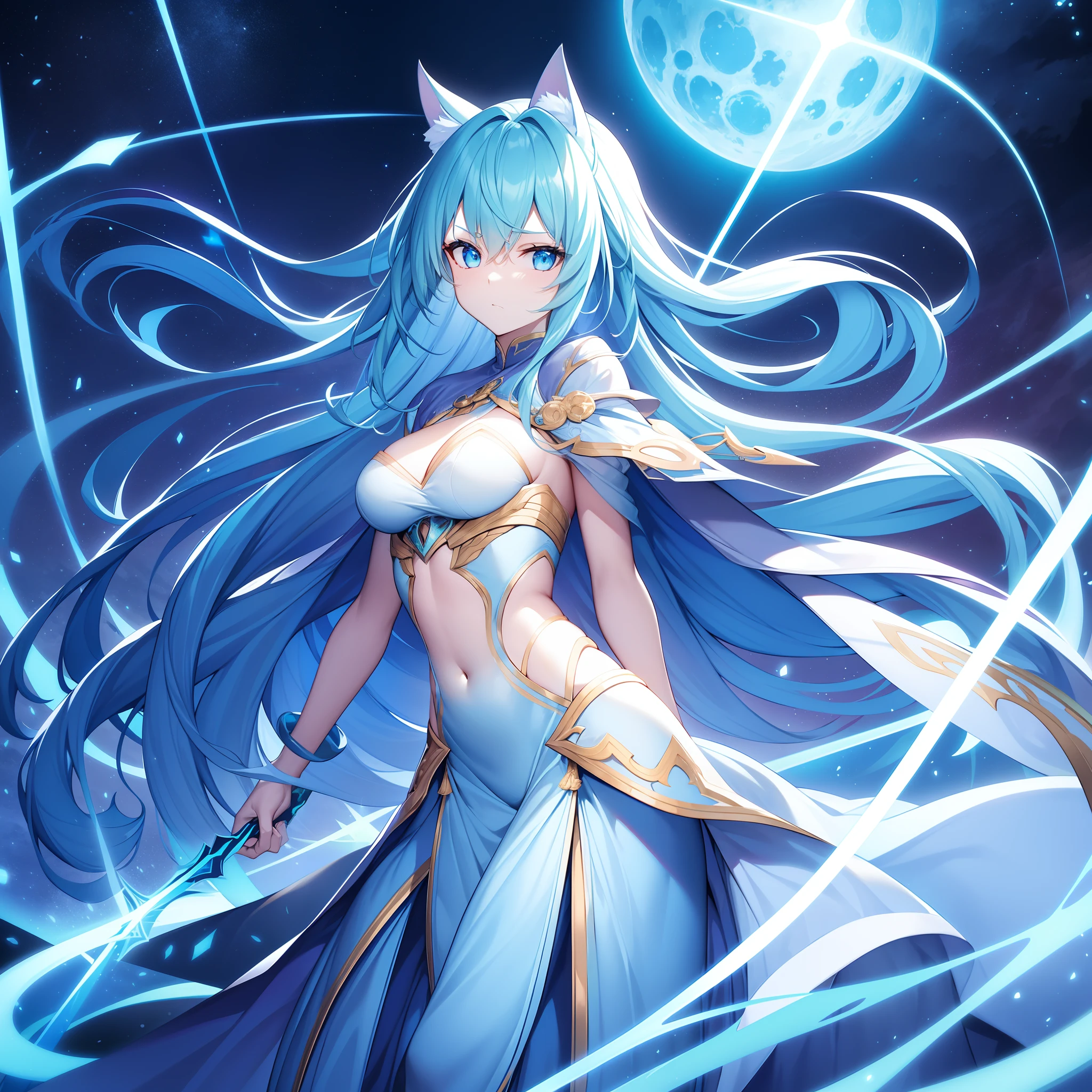 Cat's ears,Her hair is green and straight long hairstyle, ,Her skin is pale, Adult women,Chest emphasis,,Ultra High Definition Crescent Moon Feast Sky, Set in a complex castle town, Empty eyes,Face Focus, sanpaku, Teary-eyed, Mouth half open,,Swirling rainbows and lights on complex background、It enveloped me like a brave interstellar serpent,,A blue lightning sword longer and larger than his height in his left hand、Holding a flaming sword in his right hand,Unleash dual-wielding style, Highest Quality, Carry a green cloak with war maiden decorations,Raise the railgun, ((Tears))((Proud)), 8 Blue Light Sword,Blade of Light,Lens Flare, Big rainbow,The moon shines,Star chips, bloom, ((light glow)), chromatic abberation], Digital Painting, Insane details, Intricate details, Beautifully color graded, Unreal Engine, Cinematic , colour grading, Editorial Photography , Photography, Photo Shot, Shot on 70mm lens, depth of fields, degrees of freedom, Tilt Blur, Shutter Speed 1/1000, h/22