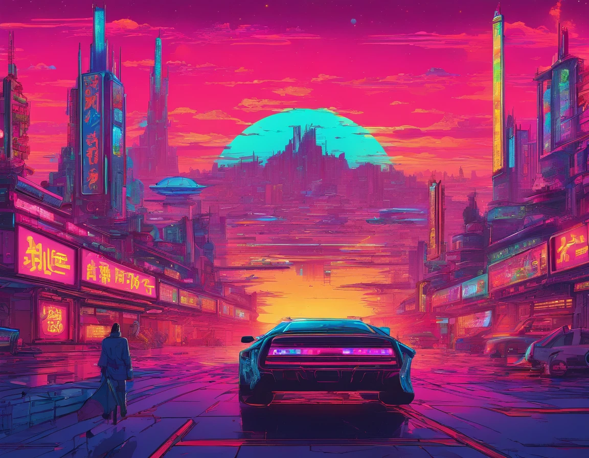Massive cyberpunk medieval Tang dynasty architecture, Soaring spires and holographic billboards light up the night sky.Beautuful Women,themoon,high-class,Extremely colorful,Do not show up the car
