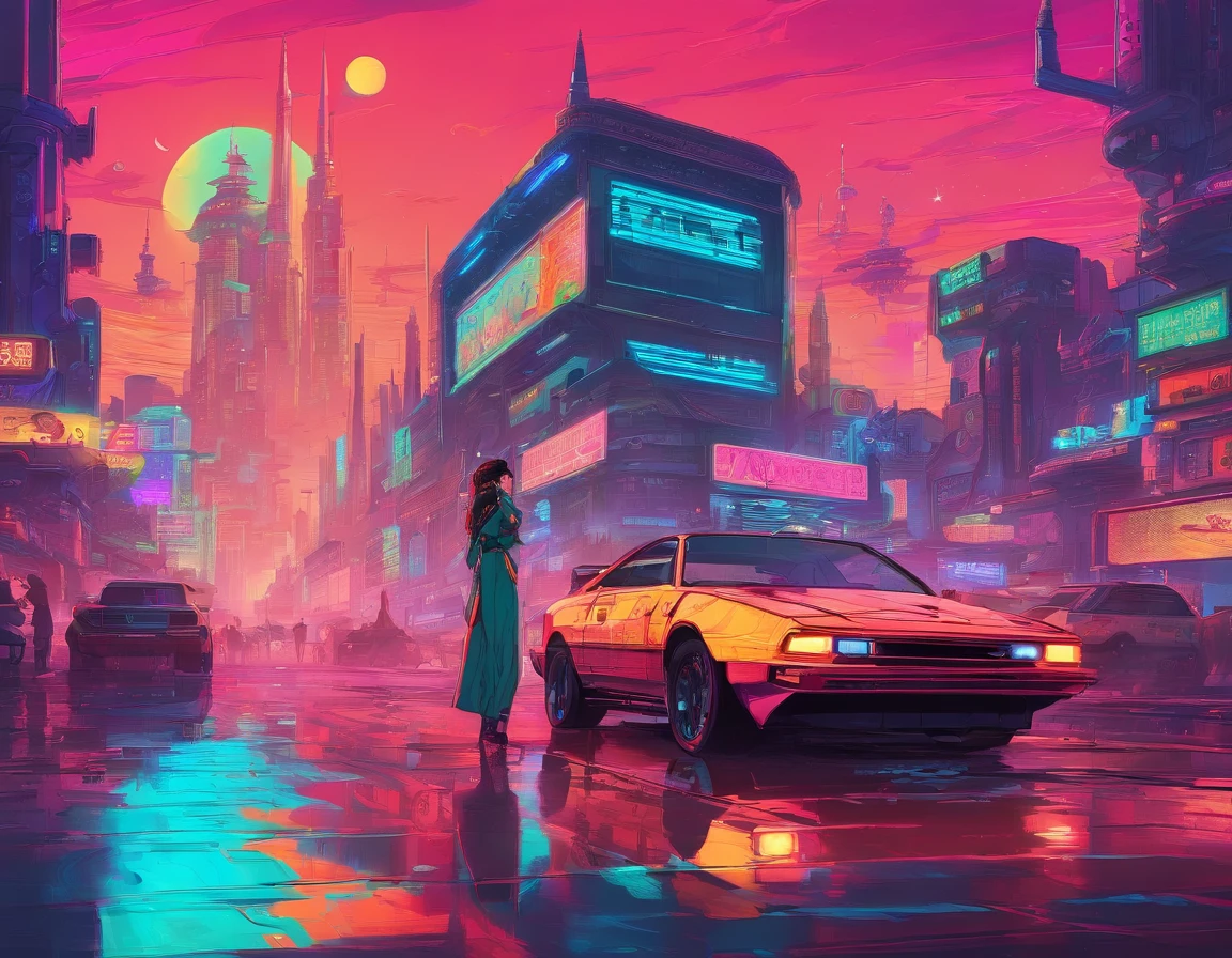 Massive cyberpunk medieval Tang dynasty architecture, Soaring spires and holographic billboards light up the night sky.Beautuful Women,themoon,high-class,Extremely colorful,Do not show up the car