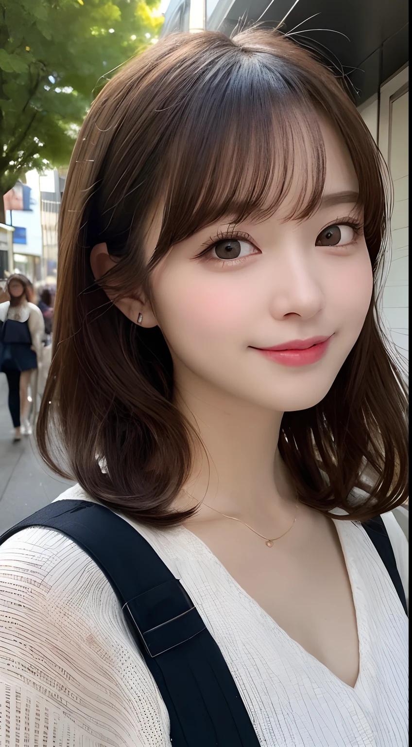 masutepiece, Best Quality, Illustration, Ultra-detailed, finely detail, hight resolution, 8K Wallpaper, Perfect dynamic composition, Beautiful detailed eyes, Women's Fashion🍂,Medium Hair,small tits、Natural Color Lip, Bold sexy poses,Smile,Harajuku、20 years girl、Cute、Sexy shot looking at camera