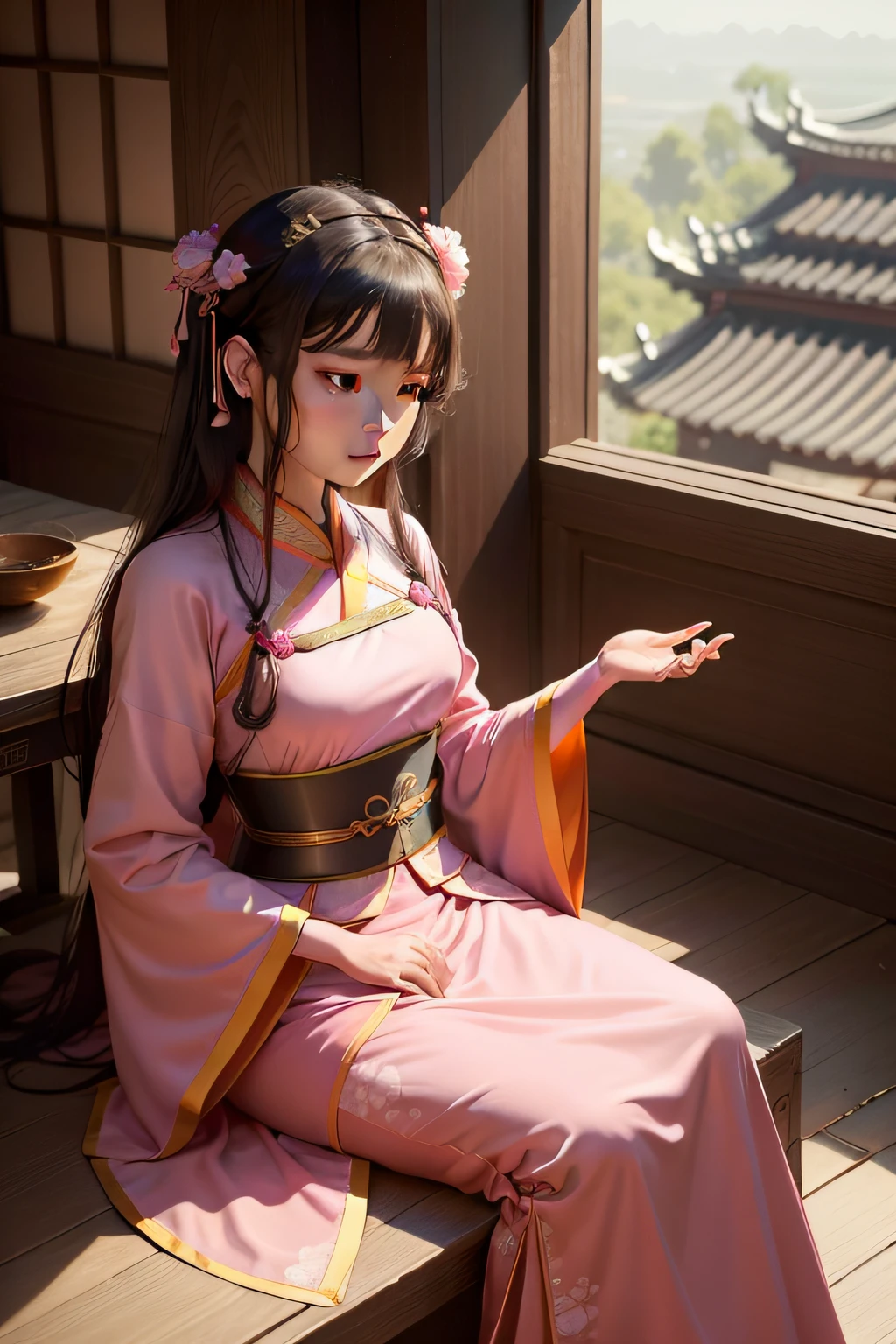 Best quality at best,Complicated details,Highest high resolution,Tang dynasty costume Hanfu,The color of the clothes is large pink,Two-person scene,Sit with a group of men,A big scene,,Then be rich in details,The scene is in an ancient building,The scene is very ambiguous,