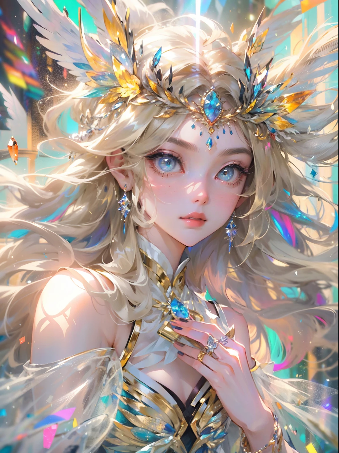 (((Masterpiece))), (((Best quality))), ((Ultra-detailed)),(Highly detailed CG illustration), ((An extremely delicate and beautiful)),Cinematic light, Create stunning fantasy artwork,Fairy fantasy,hoang lap,greek myth,Iris is the goddess of the rainbow,A young and elegant figure,There are wings on the back,Exudes a radiant aura。A beautiful woman with long flowing hair,Her hair was sometimes decorated with garlands。Dressed in a flowing manner、Ethereal dresses or robes,Usually brightly colored,Shades similar to rainbows。The appearance of the iris exudes elegance、Beautiful and ethereal temperament。Her depictions reflect her connection to the rainbow,It conveys a sense of wonder、Bright colors and a bridge between heaven and earth。 Light blonde hair,beautidful eyes,full bodyesbian,独奏