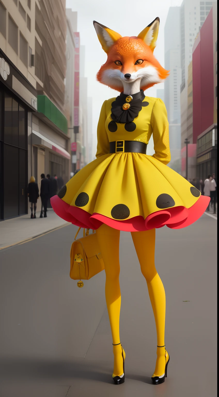 (1 beautiful fox ((anthropomorphic turtle,)) Colorful fashion high heels),Stand in the middle of an empty city, (((full bodyesbian))), concept-art, trending on artstationh, Hyperrealistic, Vivid colors, rim-light, Extremely detailed Cg Unity 8K wallpaper, trending on artstationh, (Yayoi Kusama's pop art style), Intricate, High detail。