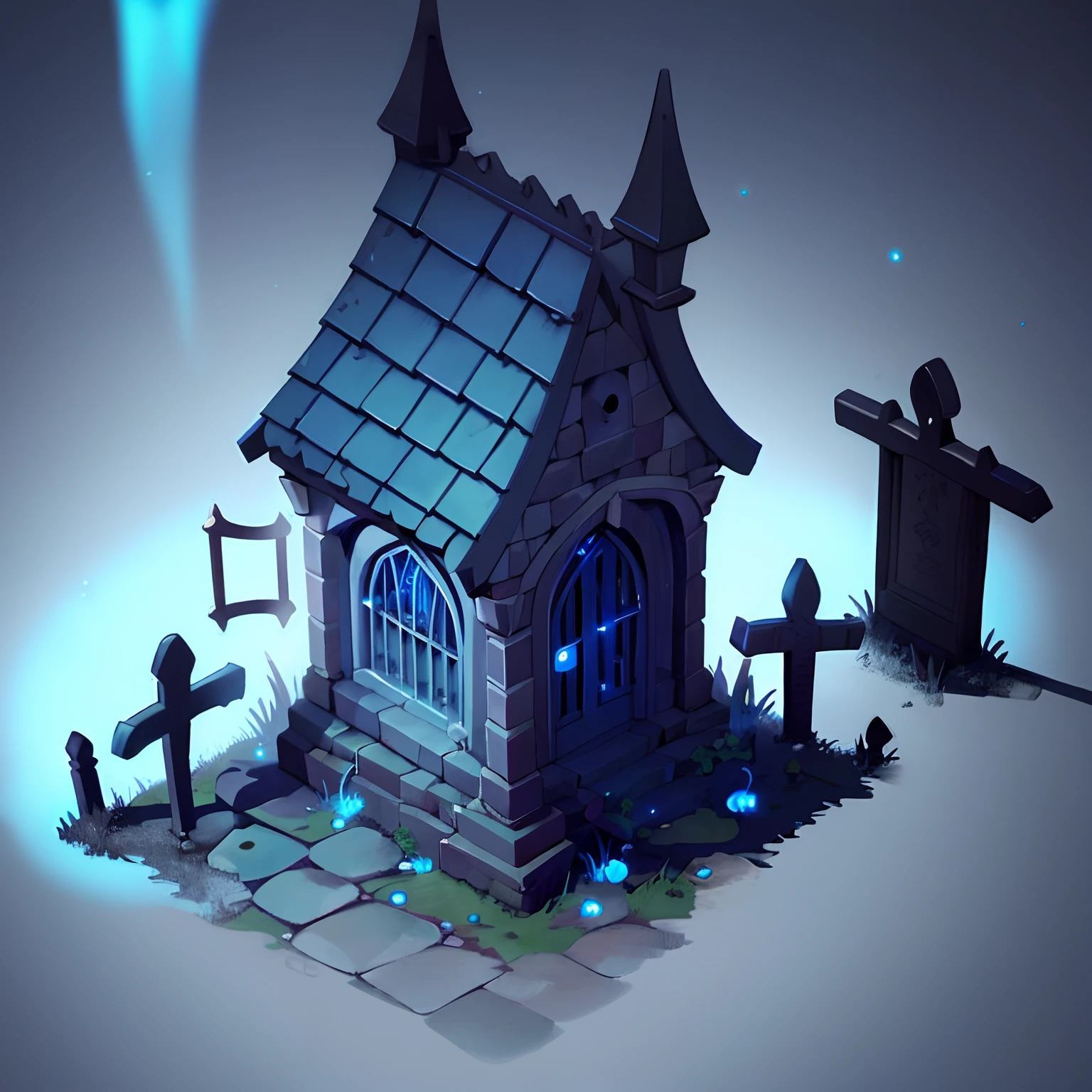 ((Masterpiece,Best quality)), Absurd ghost cemetery, crypt, Glowing blue light,