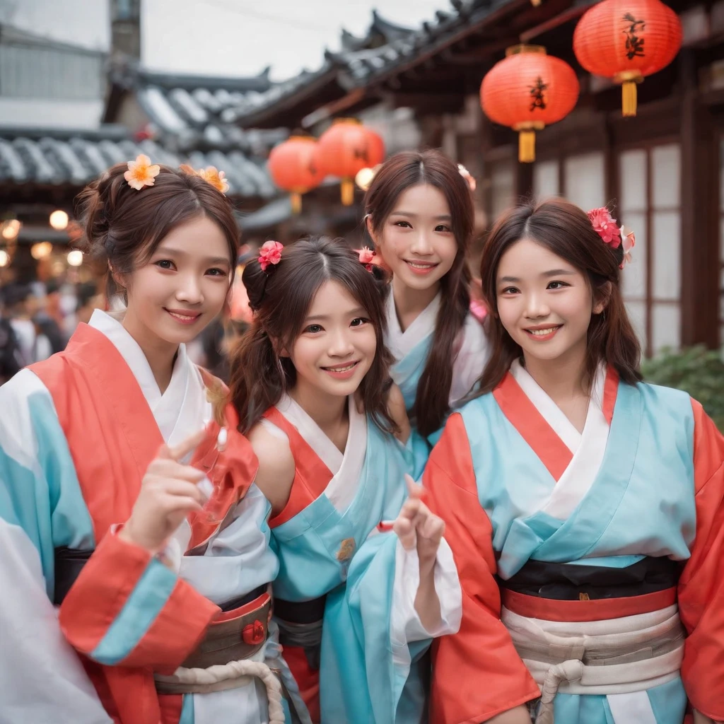 Create a cute "selfie photo" image with four friends, It was two boys and two girls. Everyone wears elaborate cosplay costumes and costumes inspired by otaku culture. The background is the modern Japanese urban environment, Full of traditional style and modern elements. Vivid neon colors illuminate the environment, Highlight the lively atmosphere of the scene.Friends line up in front of busy streets, In a narrow alley,Japanese lanterns and twinkling neon lines are suspended. They are in a relaxed position, Show off your cosplay costume with enthusiasm. Everyone smiled happily at the camera, Convey the emotions and camaraderie of the moment.The cosplay costumes are well designed,Inspired by iconic figures in otaku culture, vibrant with colors,Accessories are realistic. The facial expressions of the friends reflect their enthusiasm and joy for the culture, And the landscape creates a fascinating contrast between tradition and modernity.Neon lights cast a magical glow on the scene, Highlight your friends' outfits and faces. Small details such as Japanese signs and anime posters in the background add realism to the landscape. The vibrant atmosphere of a modern Japanese city blends harmoniously with friends to share the excitement and their unique cosplay costumes.This image captures the fun, The friendship and vitality of otaku culture in the context of contemporary Japan, Full of neon colors and sincere smiles