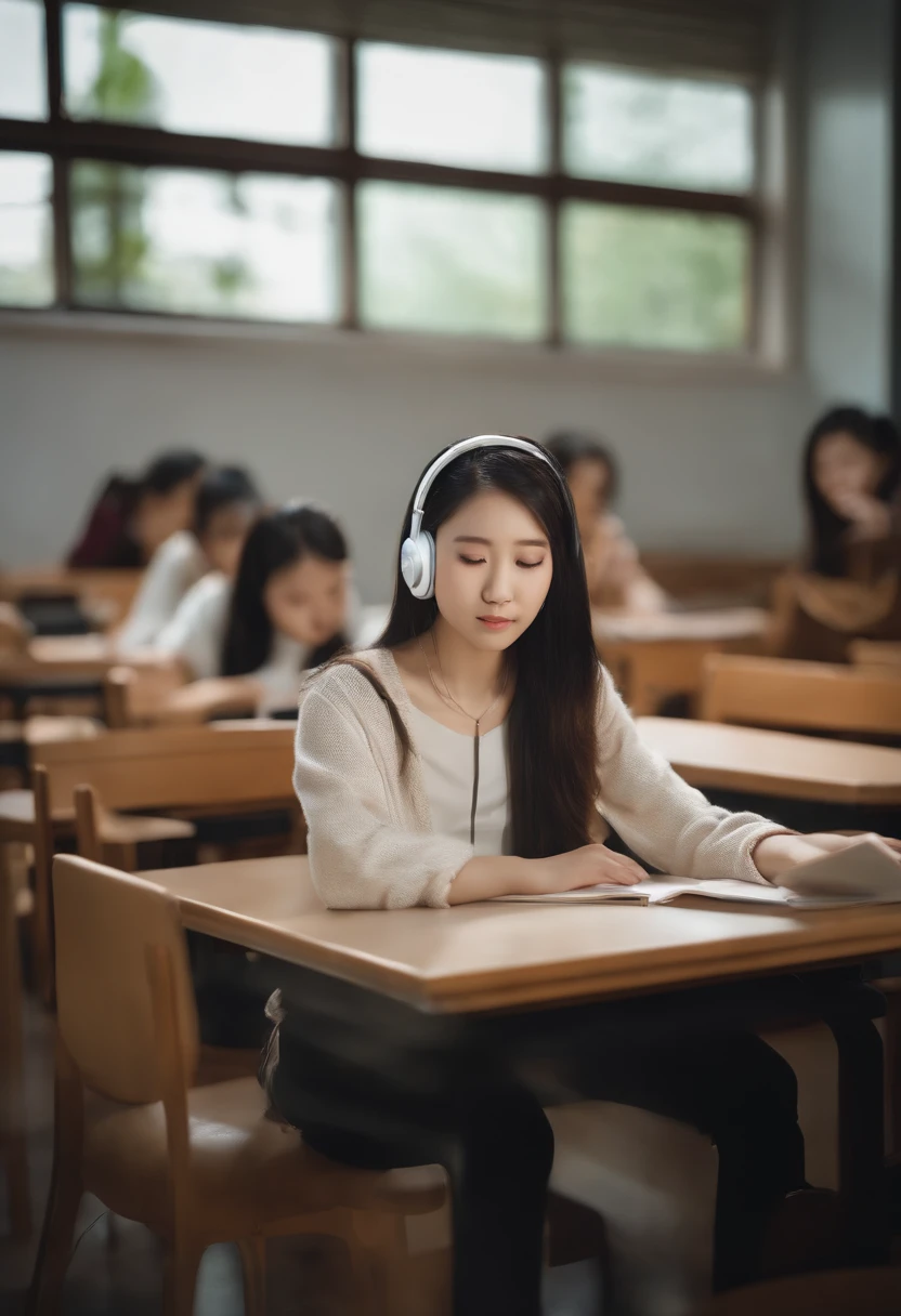 Chinese female students sitting in a classroom,Holding a book,with headphones on,Look up at the scenery outside the window,Shrouded in light,Photos cover the classroom,Image aspect ratio 16:9,Photo art shoot,wide - angle shot