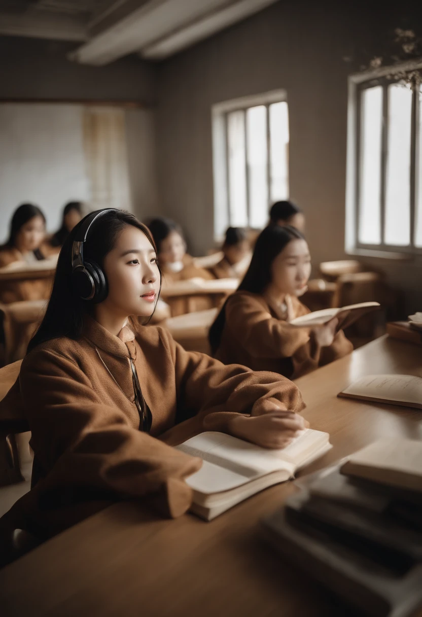 Chinese female students sitting in a classroom,Holding a book,with headphones on,Look up at the scenery outside the window,Shrouded in light,Photos cover the classroom,Image aspect ratio 16:9,Photo art shoot,wide - angle shot