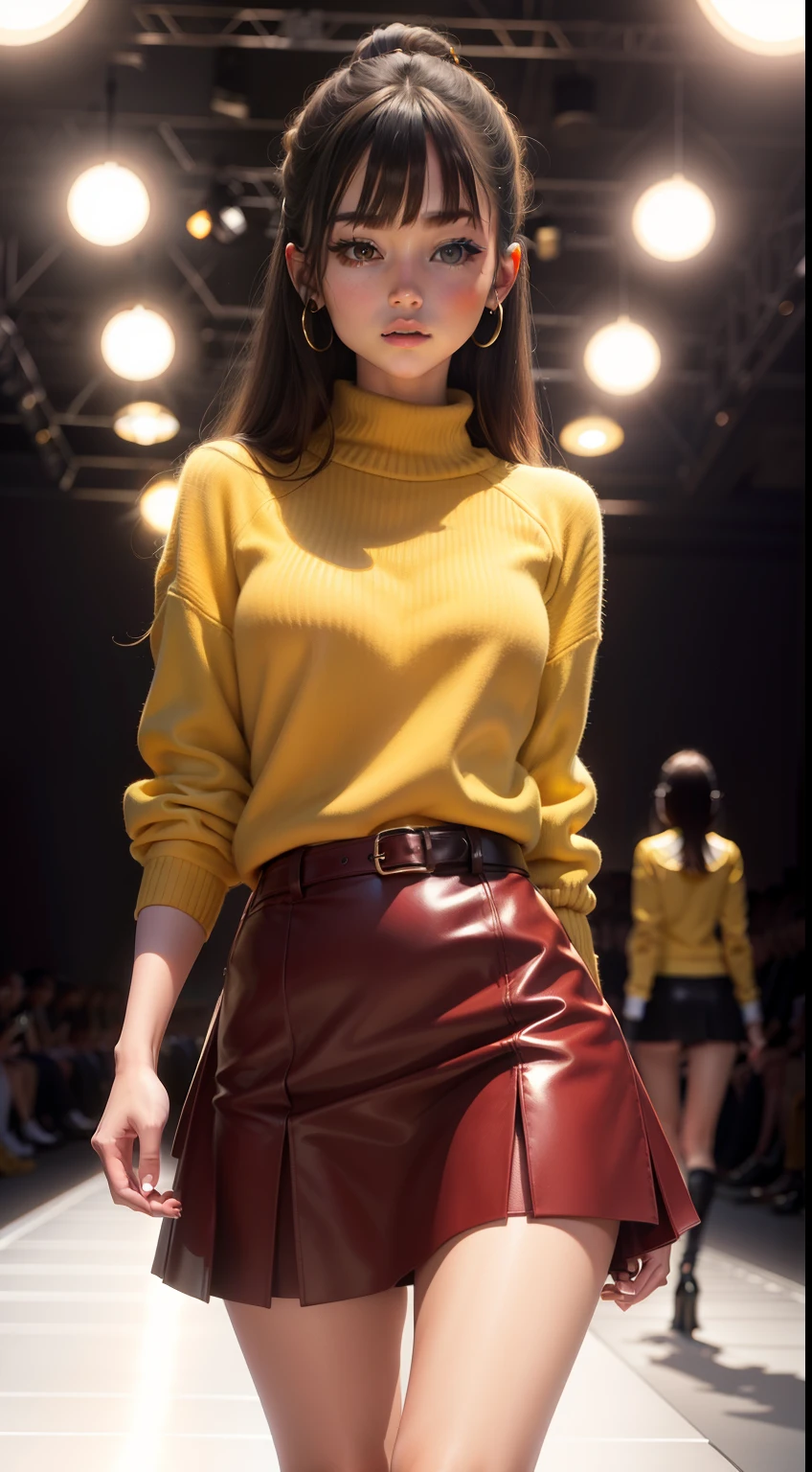 1 Girl on the catwalk,Sweater skirts,Fashion show,yellow-tops