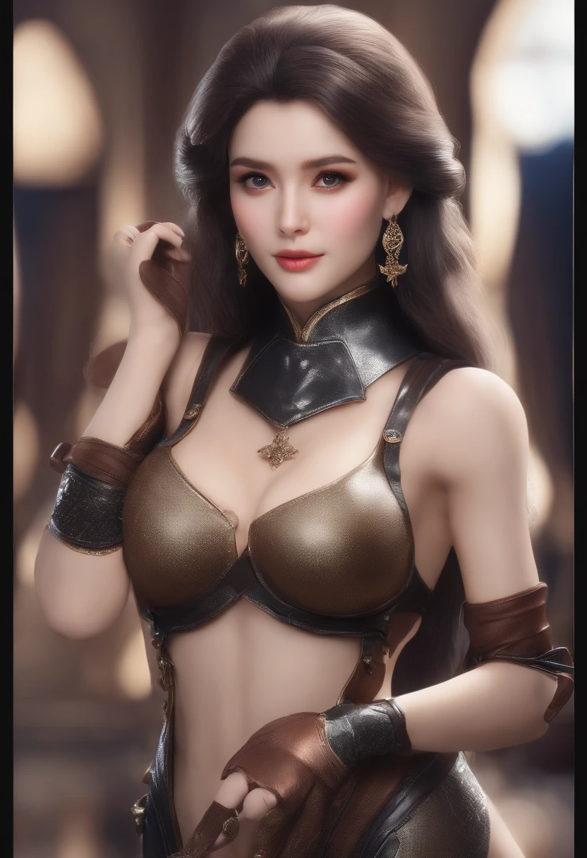 realistic illumination，top Quority，Resolution of 8K，tmasterpiece：1.3，Clear focus：1.2，1个Giant Breast Girl，delicated face，二重まぶた，largeeyes，Sexy expression，Perfect anatomical physique，Beautiful Women with Perfect Figure：1.6，Big breasted 1.7，long and dark brown hair，Bigchest：1.8，Armor，Long knives，magia，exteriors，during night：1.1，1080p，hyper HD，textureskin，super detailing，best qualtiy，high detal，high high quality，onbed，Lie down，White bed，Cross hands