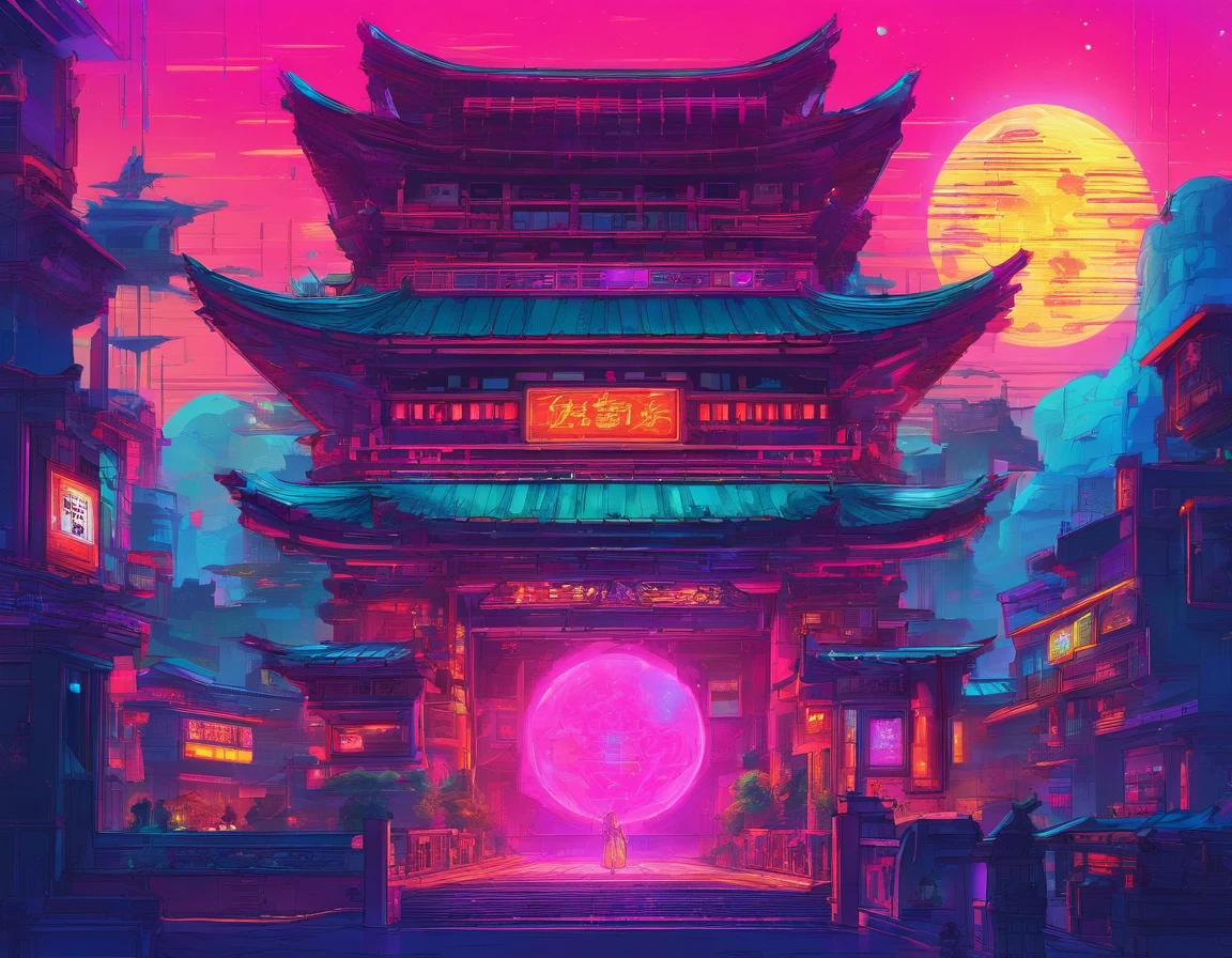 Massive cyberpunk medieval Tang dynasty architecture, Soaring spires and holographic billboards light up the night sky. themoon,high-class,Extremely colorful,Beautuful Women