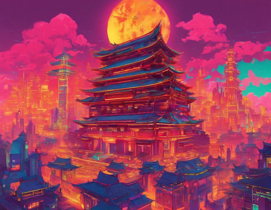 Massive cyberpunk medieval Tang dynasty architecture, Soaring spires and holographic billboards light up the night sky. themoon,high-class,Extremely colorful,Beautuful Women