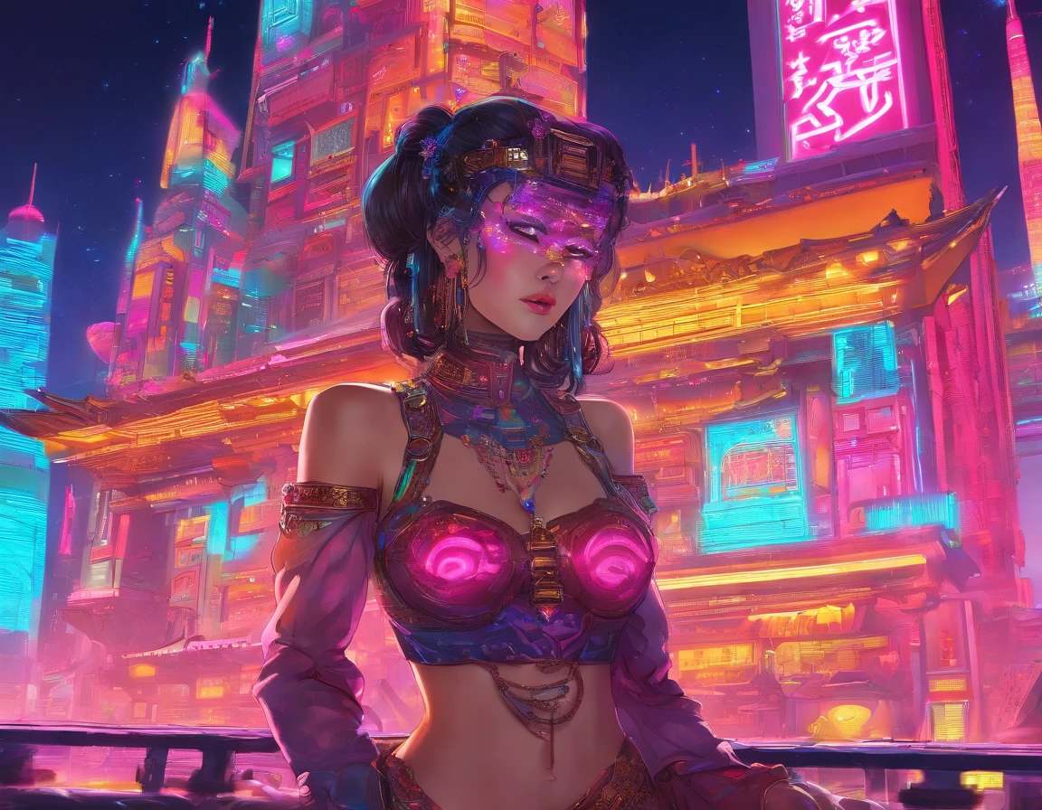 Massive cyberpunk medieval Tang dynasty architecture, Soaring spires and holographic billboards light up the night sky. themoon，high-class，Extremely colorful，Beautuful Women