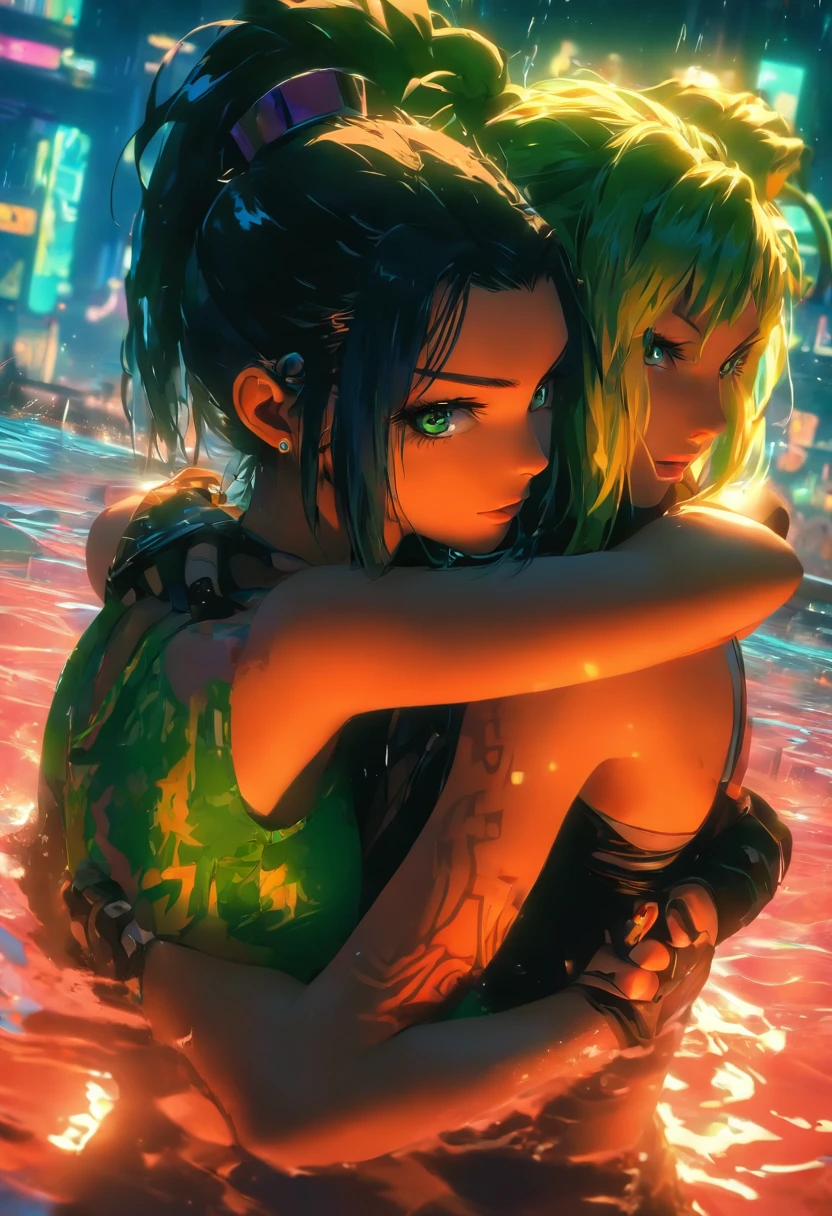 2 women hugging each other, Hands over your crotch, (A woman has green eyes, White skin, Long black hair, pony tails, choker necklace, Small breasts, lipstick, Makeup, eyes liner), (The other woman is a brown-eyed blonde), Wear neon color sexy clothing, On the pool, (Cyberpunk theme), (Masterpiece, Best quality, 8K, Sharp focus, Depth of field, Best shadows, perfect lights, hdr, Realistic skin texture, Ultra-detailed and detailed background),