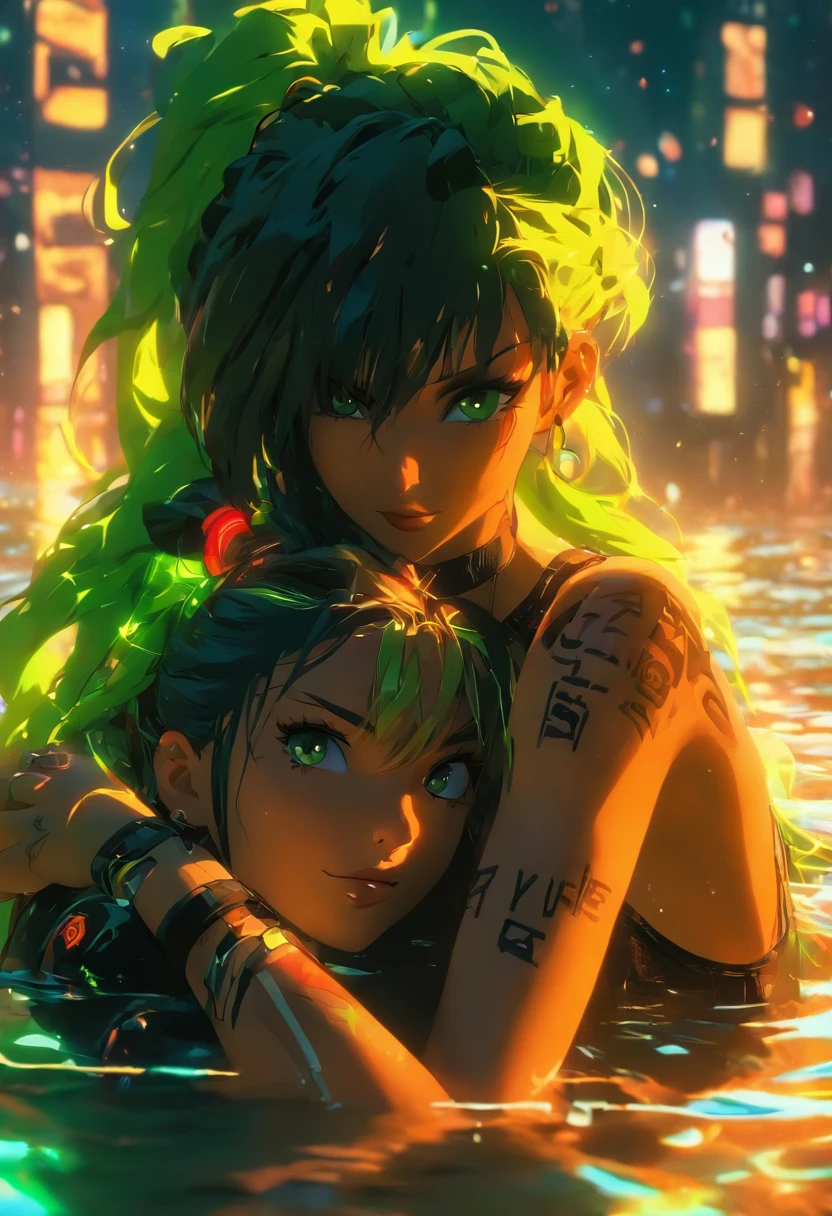 2 women hugging each other, Hands over your crotch, (A woman has green eyes, White skin, Long black hair, pony tails, choker necklace, Small breasts, lipstick, Makeup, eyes liner), (The other woman is a brown-eyed blonde), Wear neon color sexy clothing, On the pool, (Cyberpunk theme), (Masterpiece, Best quality, 8K, Sharp focus, Depth of field, Best shadows, perfect lights, hdr, Realistic skin texture, Ultra-detailed and detailed background),