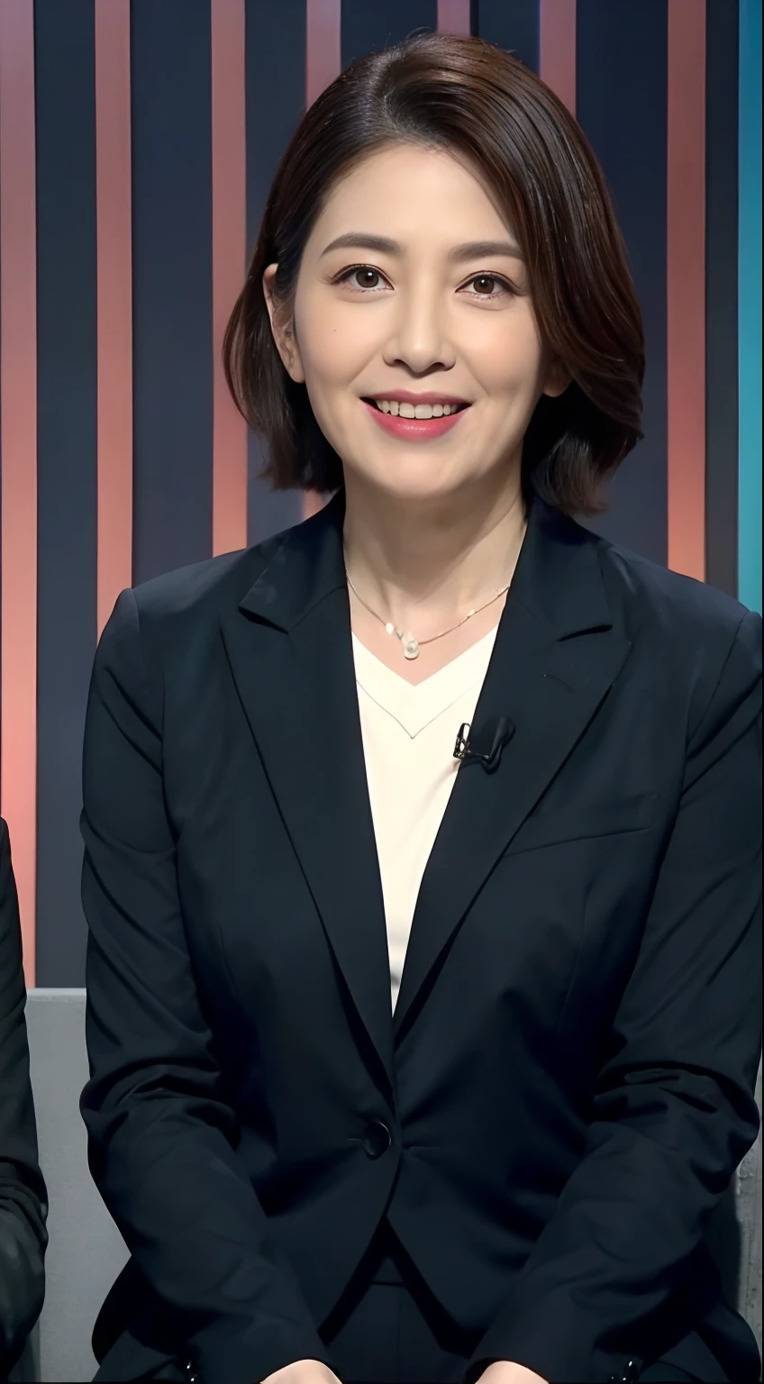 The highest image quality、超A high resolution、1womanl、beautiful countenance、Shorthair、Long-sleeved announcer in a tight suit、Sit in the studio、aged 40,Middle-aged and elderly,Crow's feet at the corners of the eyes