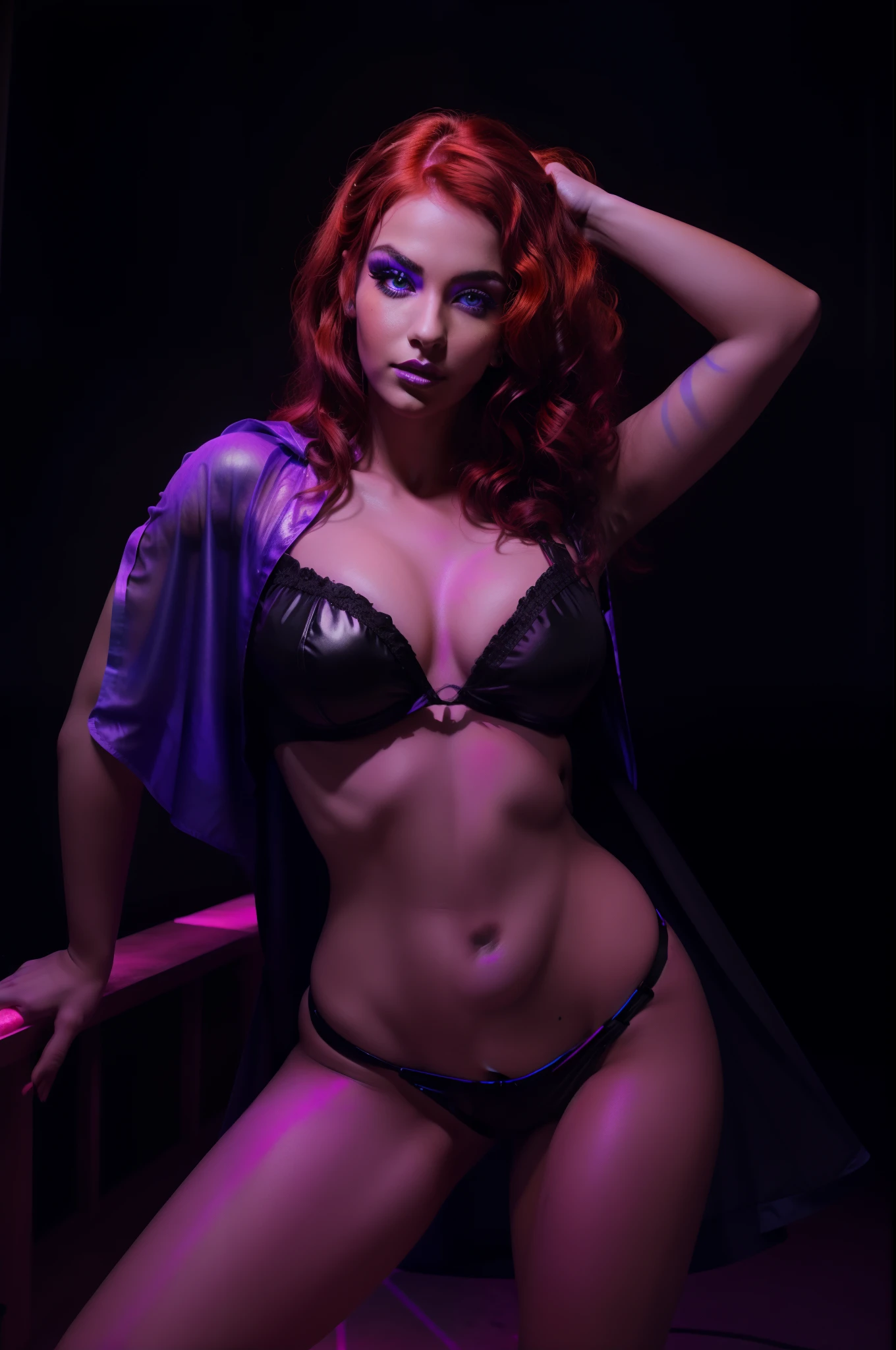 a rave girl detailed expression, vibrant colors, chiaroscuro lighting, , fiery red hair, intricate curls, confident gaze, smoky eye makeup, luscious lush voluptuous thick red lips, eccentric hairstyle, expressive hands, playful and mischievous demeanor, luxurious and flowing with black light body paint, dancing under a black light. blacklight mirrored LED lit neon Trippy Psytrance Blacklight UV reactive cape mesmerizing light strobe lights led lights