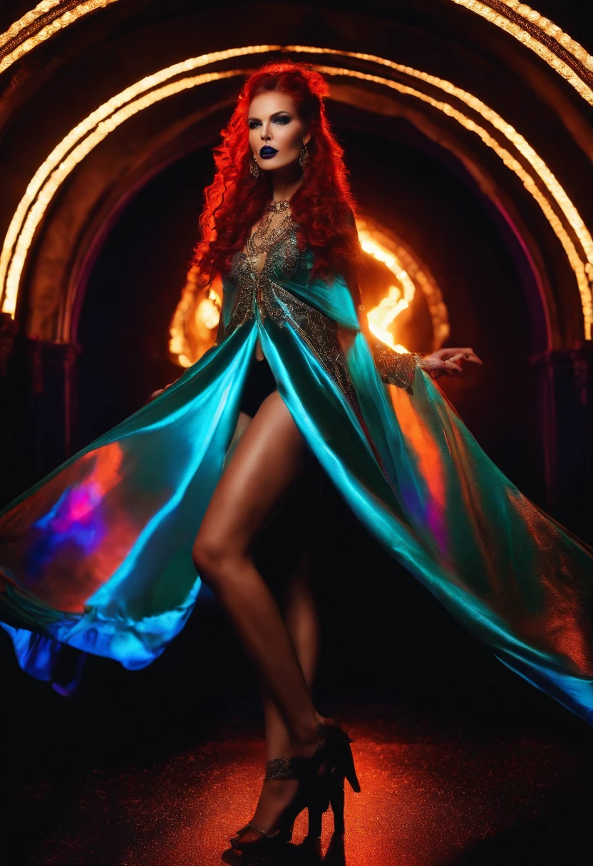 a rave girl detailed expression, vibrant colors, chiaroscuro lighting, , fiery red hair, intricate curls, confident gaze, smoky eye makeup, luscious lush voluptuous thick red lips, eccentric hairstyle, expressive hands, playful and mischievous demeanor, luxurious and flowing with black light body paint, dancing under a black light. blacklight mirrored LED lit neon Trippy Psytrance Blacklight UV reactive cape mesmerizing light strobe lights led lights