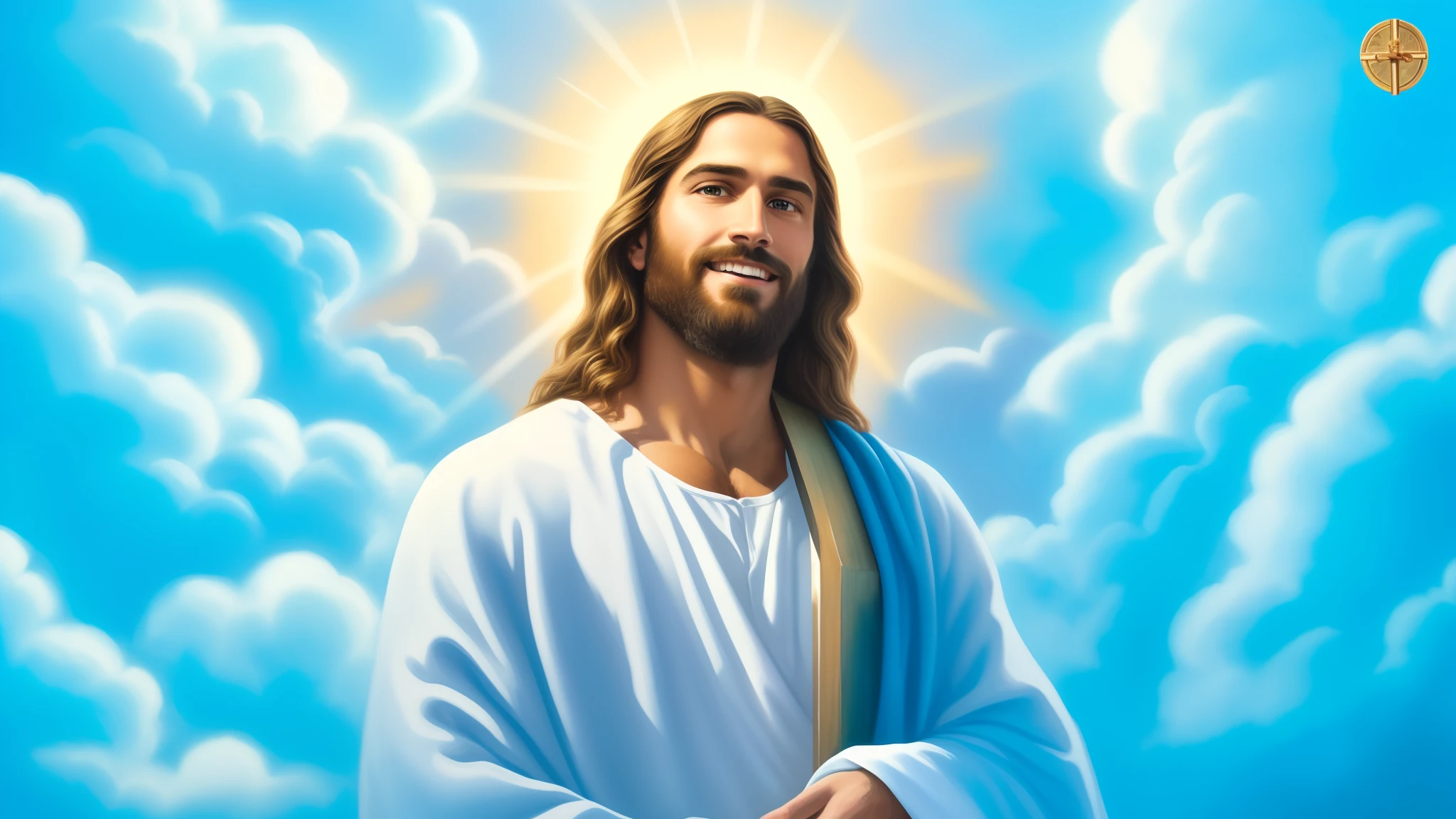 a painting of jesus holding a cross in his hands, jesus christ, portrait of jesus christ, jesus, jesus face, greg olsen, young almighty god, portrait of a heavenly god, jesus of nazareth, smiling in heaven, dressed like jesus christ, god looking at me, the lord and savior, gigachad jesus, the face of god