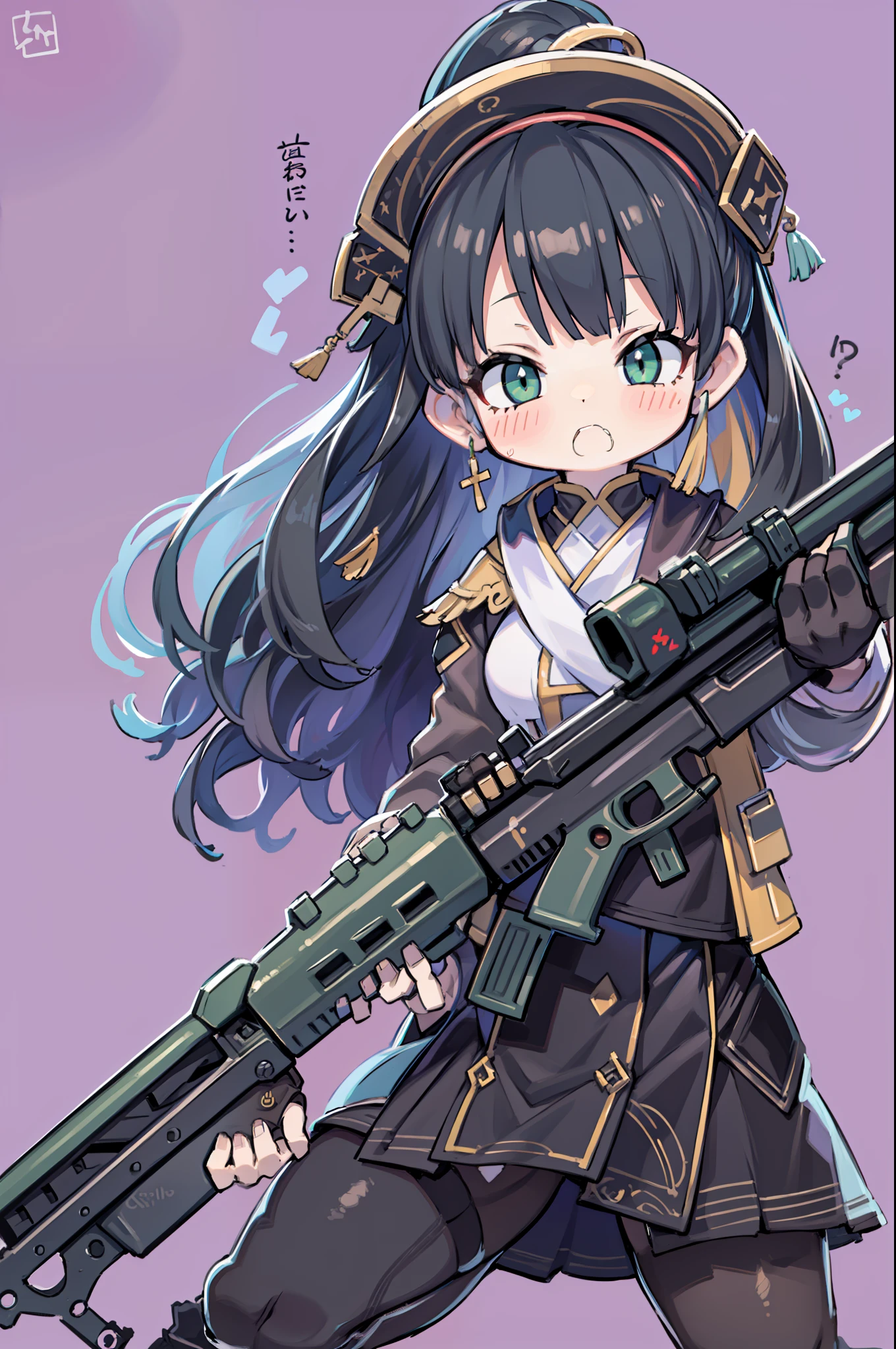 Hold a giant sniper rifle、Long sideburns、Anime-style girl with beautiful whole body,  Girl,clean detailed faces, ciber,analogous colors, Glowing shadows, beautiful gradients, depth of fields, CLEAN IMAGE, High quality,Black Parker Closing、 high detailing, High Definition, blush, Fit, Heavenly Beauty, Very detailed, Soft lighting, Full body,Green＆Black hair,Green eyes、