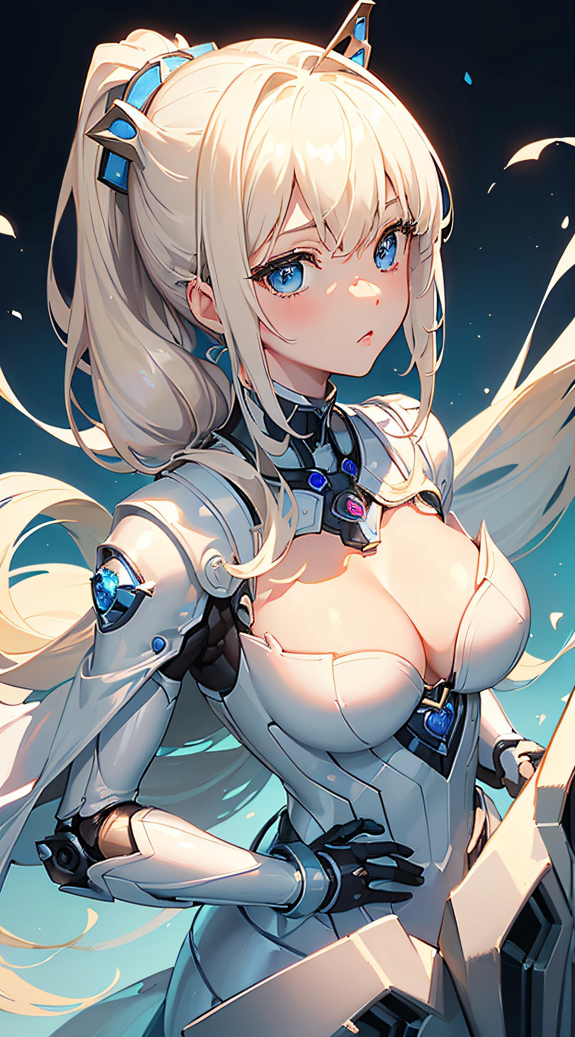 top-quality、Top image quality、masterpiece、girl with((18year old、White Powered Suit、Mechanical body、Best Bust、Bust 85、a blond、poneyTail、,Beautiful blue eyes、open chest wide、cleavage of the breast))hiquality、visualart、Background with((Cybercastle))