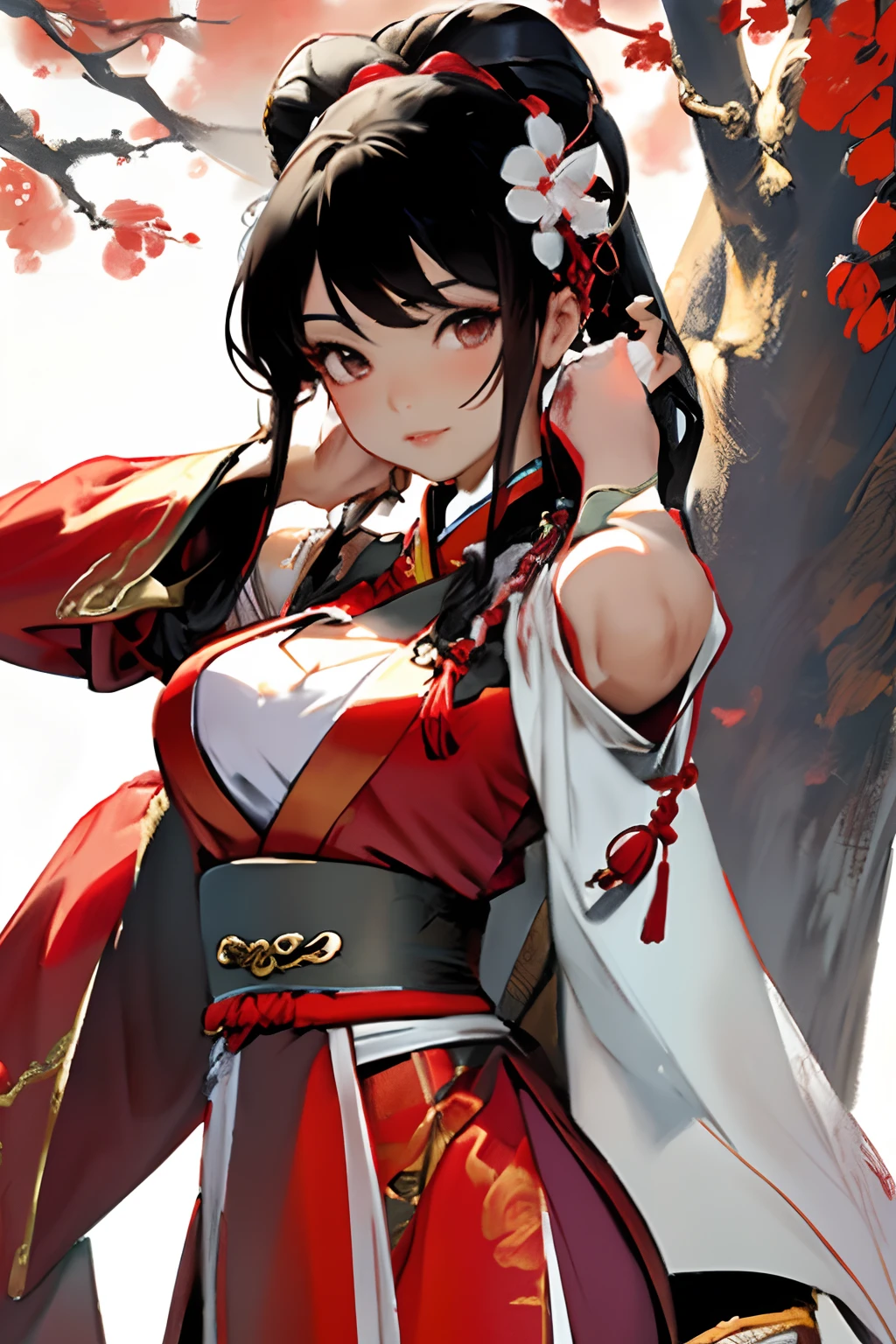 tmasterpiece,1girll,closeup cleavage,Wear red Hanfu,Chinese Traditional Cloth,Wrapped around the white plush neck,cabelos preto e longos,Chinese garden garden backgroun painting style,dynamicposes,stand posture,closeup faces
