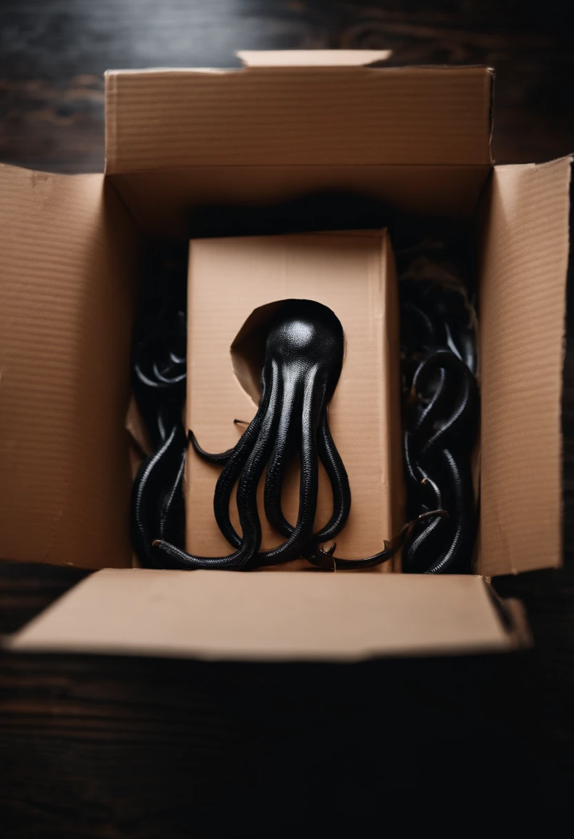 POV a carton box opened on the table, black tentacles out from the box, horror