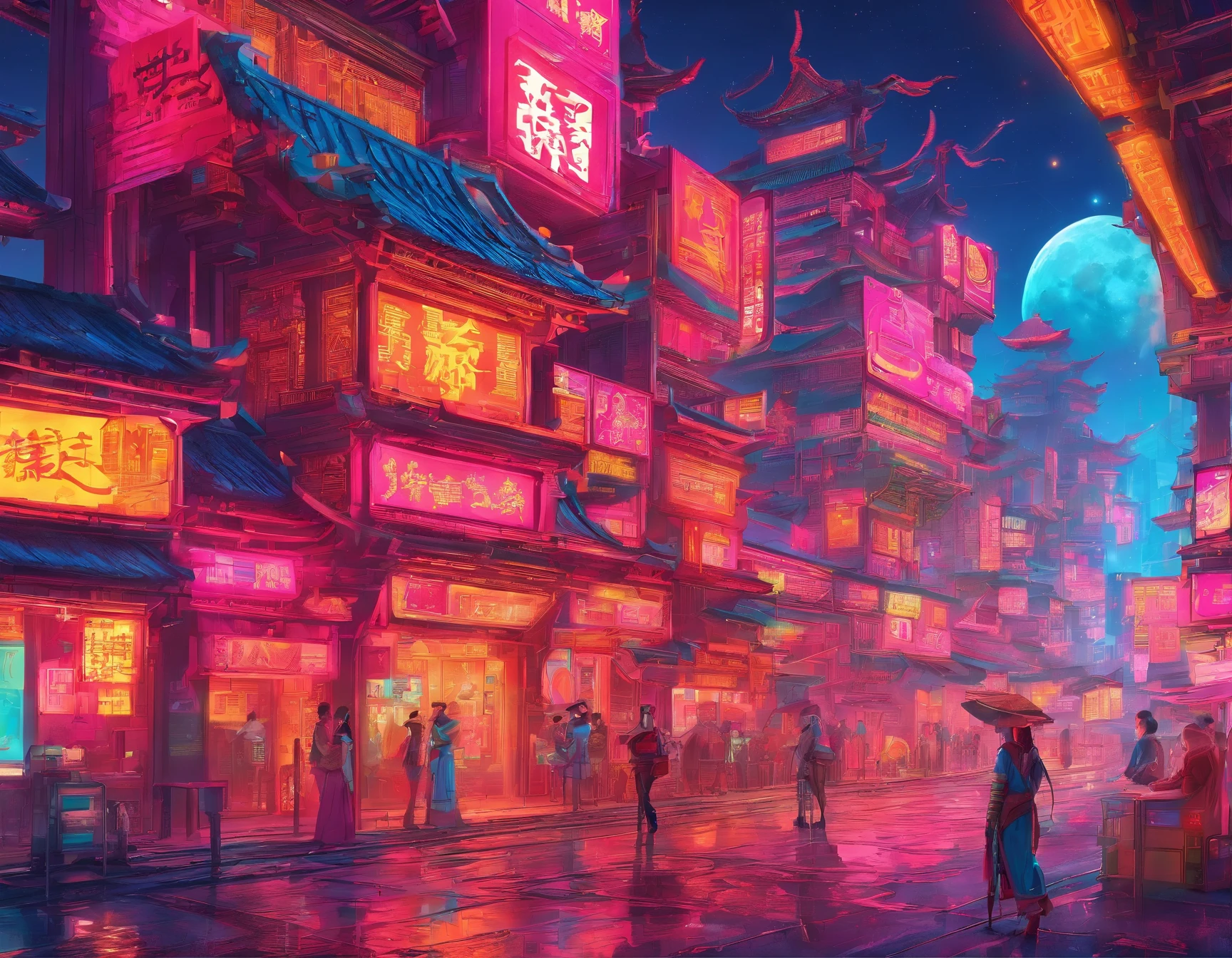 Massive cyberpunk medieval Tang dynasty architecture, Soaring spires and holographic billboards light up the night sky. themoon，high-class，Extremely colorful，Beautuful Women