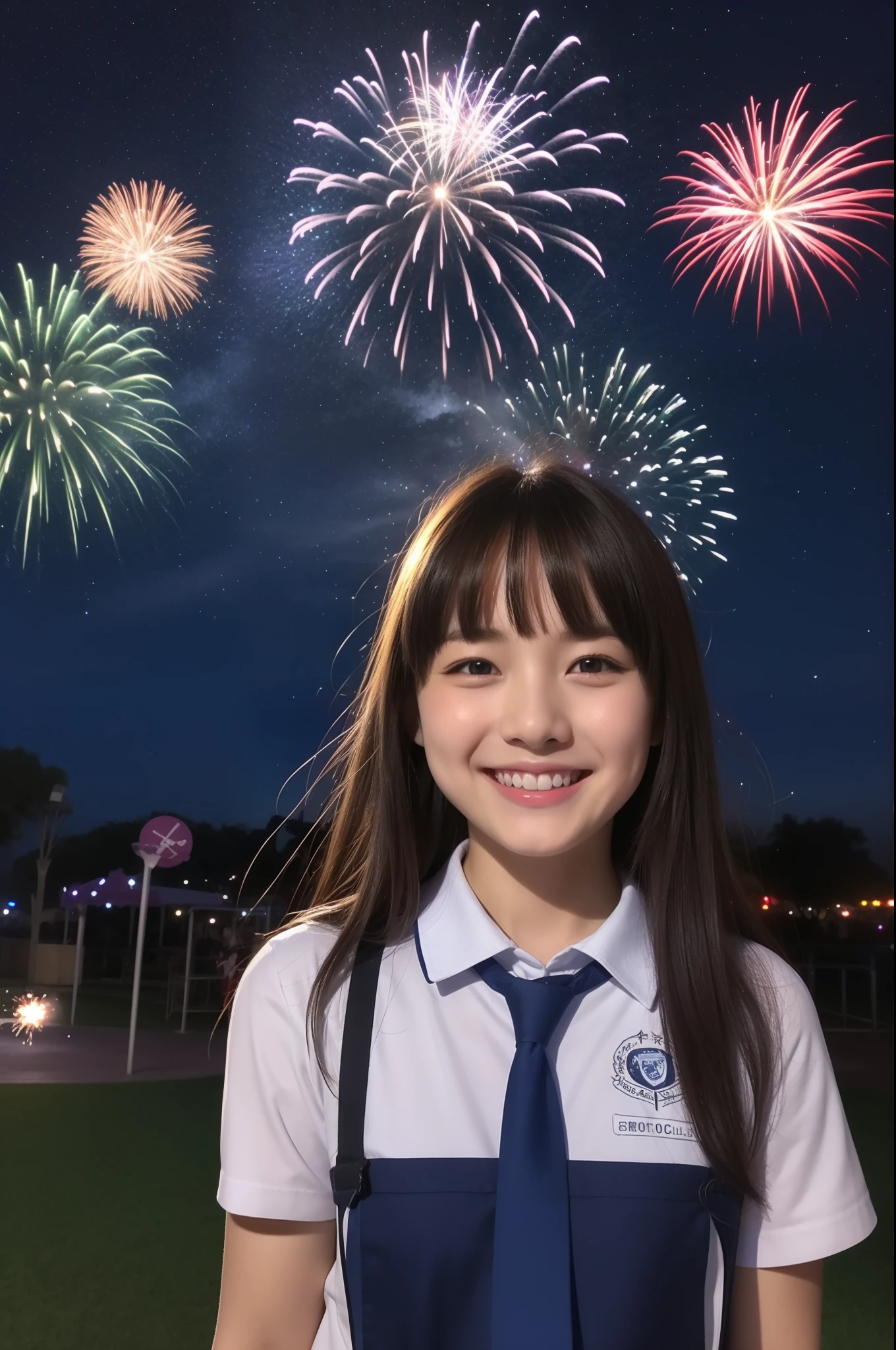 A smile、hi-school girl、校服、shortsleeves、An amusement park、While doing fireworks、starrysky、Aurora