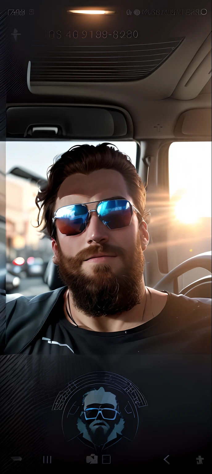 arafed man with sunglasses and a beard in a car, Streamer do Twitch / Jogador Ludwig, neckbeard, taken in the early 2020s, christian cline, barba clara, Sam Hyde, com uma barba pequena, longa barba despenteada, barba circular, Igreja de Ryan, Typical cryptocurrency nerd, homem de 30 anos, Estilo Felix Englund, with sunglasses. Fundo box de crossfit