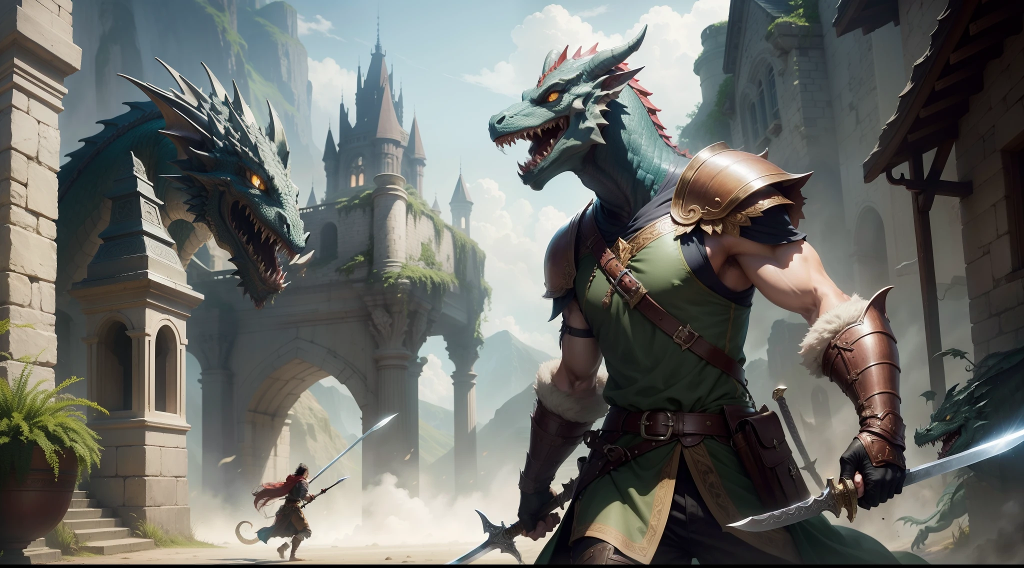 an adventurer, holding a sword, world fantasy, attack dragon