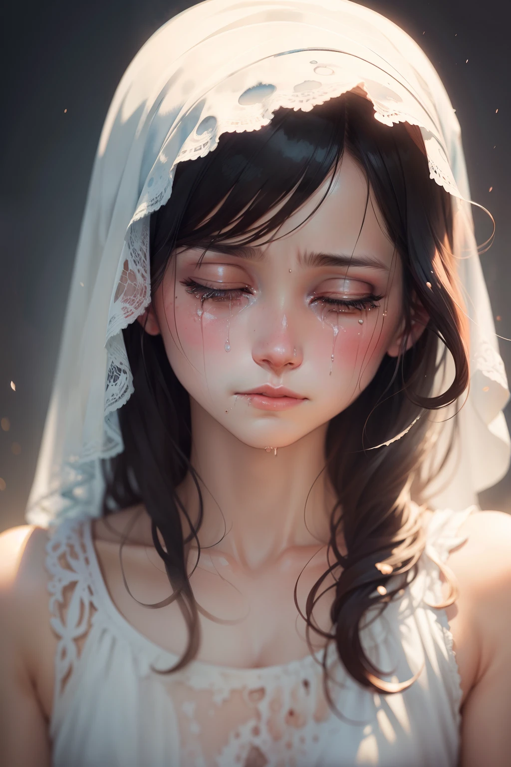 A watercolor painting that delicately expresses the raw emotion of crying, with tears flowing down a lady's face