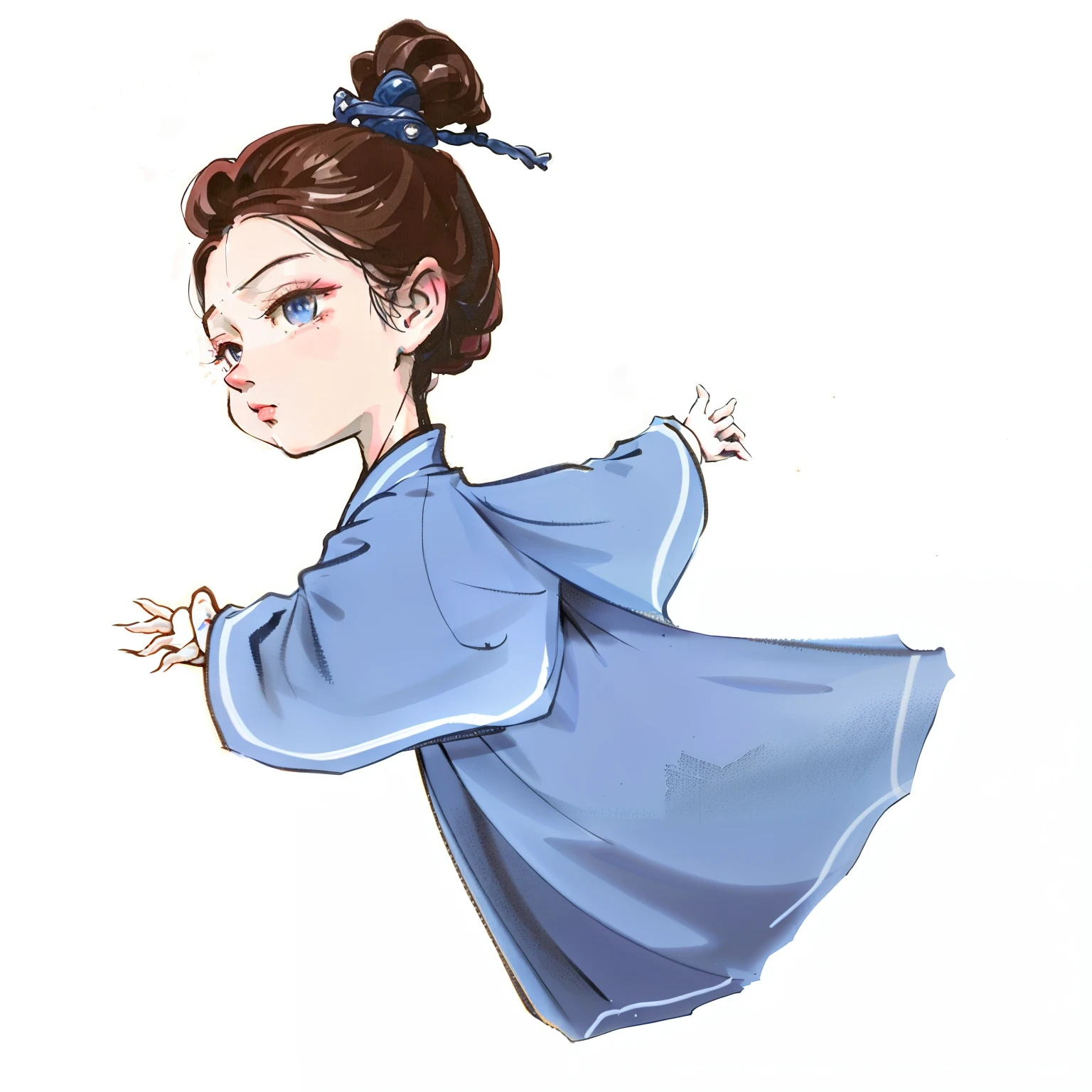 Cartoon Boy,Blue Chinese clothing on the upper body,long braid,black long pants, The character is behind his back,standing on your feet, Palace , A boy in Hanfu, In blue Chinese clothing, He stood quietly, character is in her natural pose, inspired by Shūbun Tenshō, dancing character, Anime boy running, Cartoon style illustration, Official illustration,