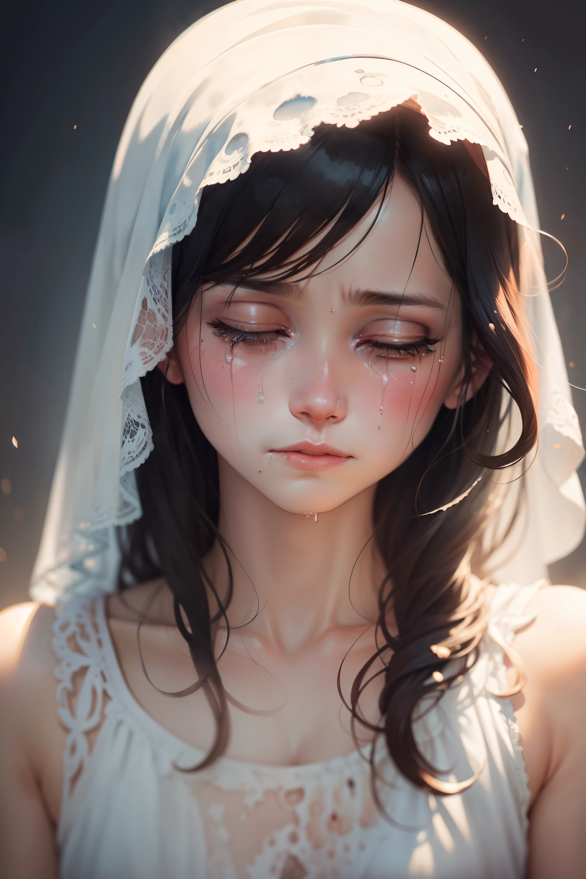 A watercolor painting that delicately expresses the raw emotion of crying, with tears flowing down a lady's face