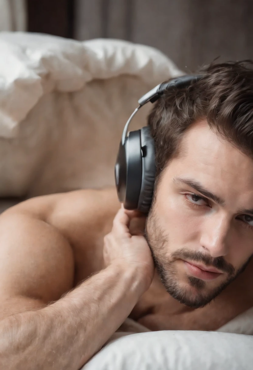Homem sem camisa pelado. Dormindo na cama, descansando. Listening to music with a headset. Lying face down with his butt up