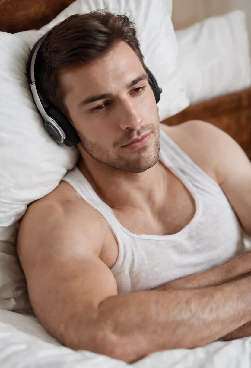 Homem sem camisa pelado. Dormindo na cama, descansando. Listening to music with a headset. Lying face down with his butt up