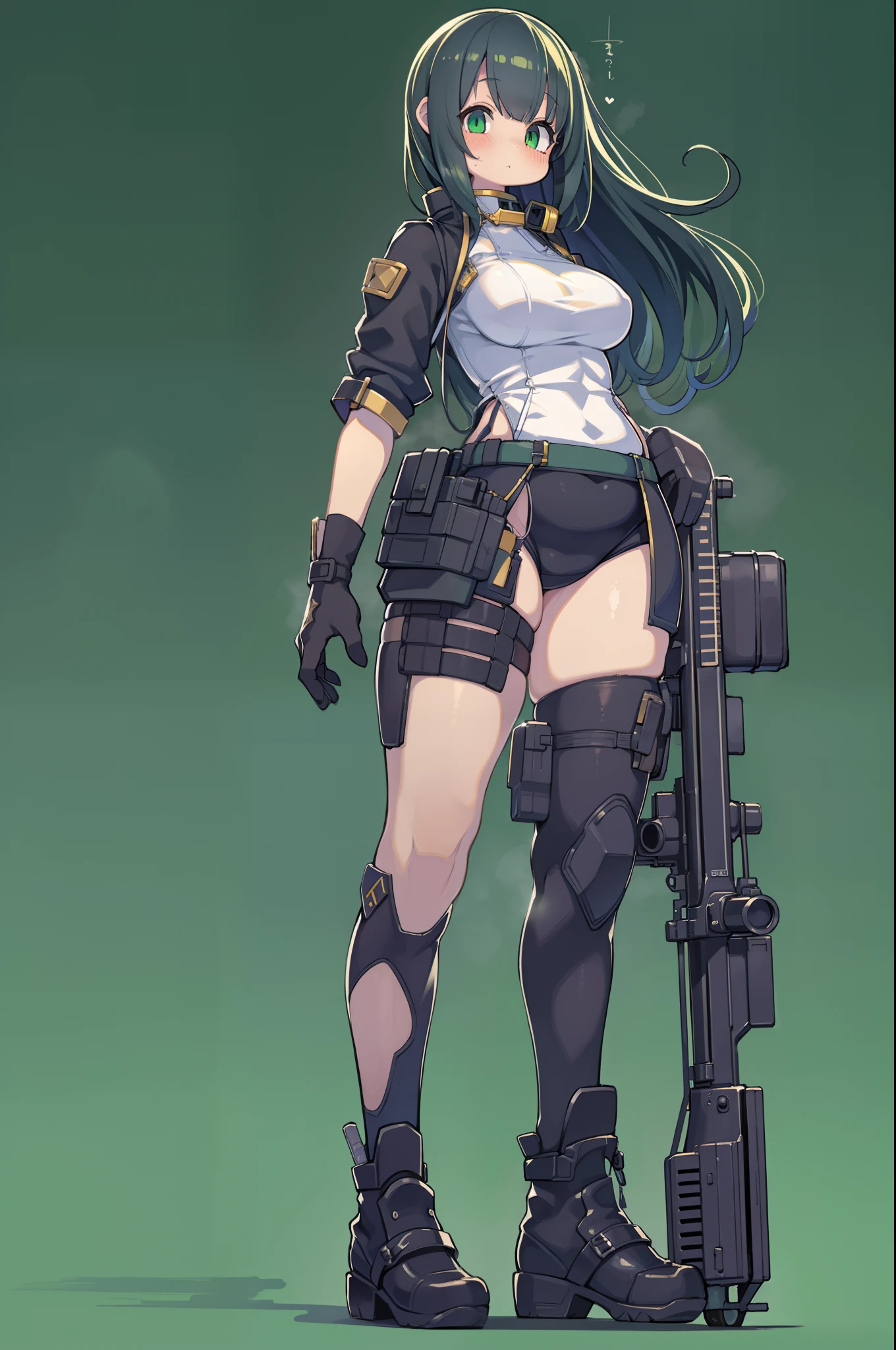 assault rifle、Long sideburns、Anime-style girl with beautiful whole body, clean detailed faces, ciber,analogous colors, Glowing shadows, beautiful gradients, depth of fields, CLEAN IMAGE, High quality,Black Parker Clothing、 high detailing, High Definition, blush, Fit, Heavenly Beauty, Very detailed, Soft lighting, Full body,Green＆Black hair,Green eyes、huge-breasted