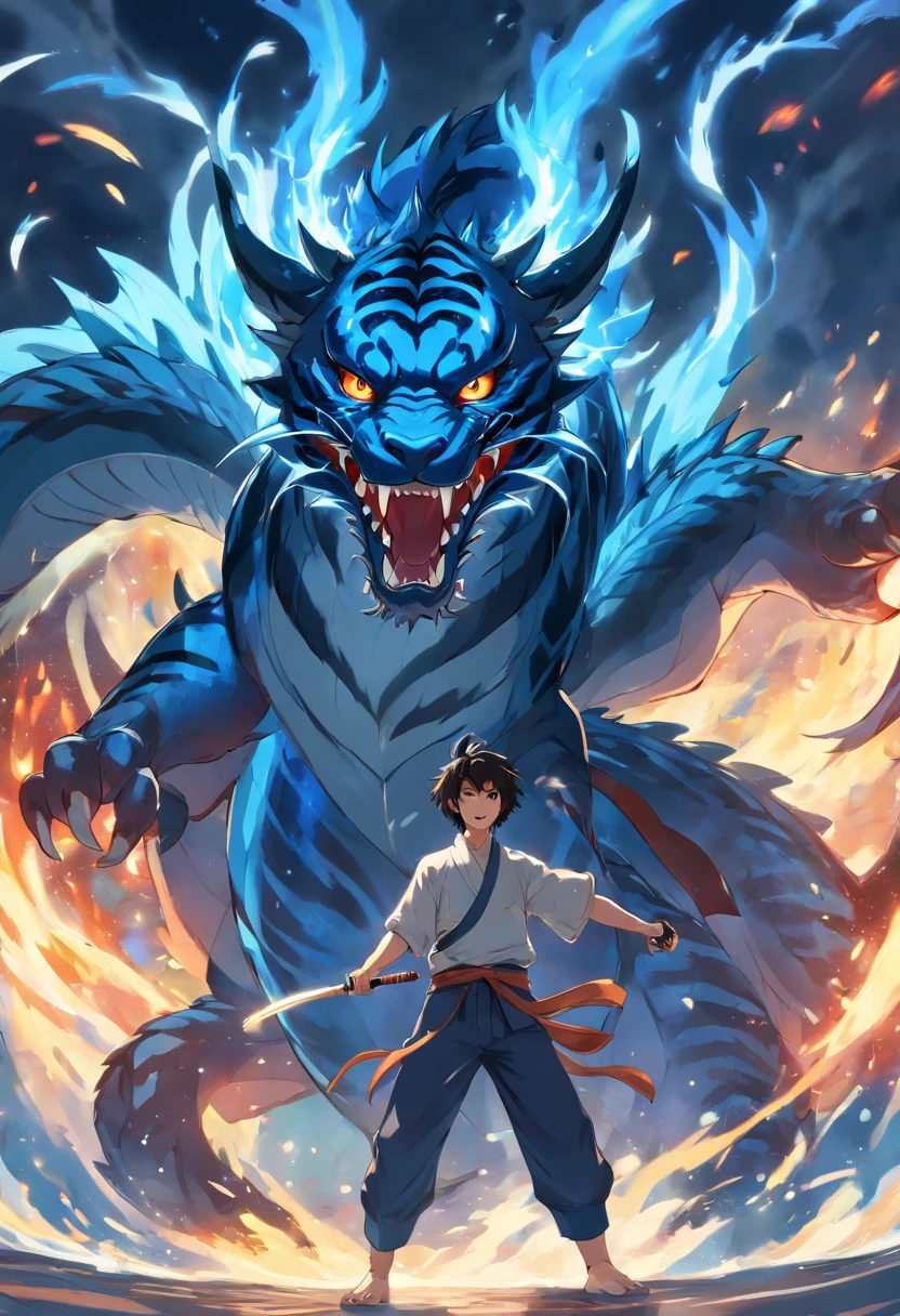 A dragon with blue flames and black tiger stripes, ferocious look on dragons face roaring, An exaggerated perspective, Unique yokai illustration, Details of realism, Qi Baishi style --niji 5 --relax --ar 16:9
