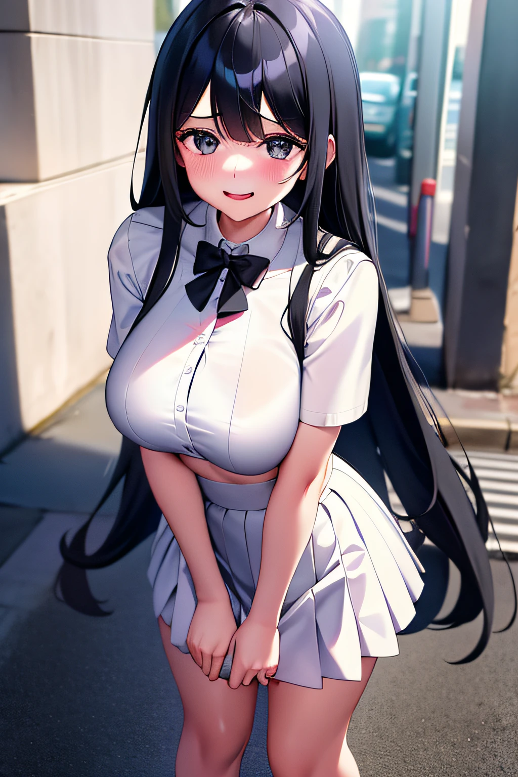 4K,teens girl,cute  face,Long black hair,Black eyes,ssmile,The face is slightly flushed,mediuml breasts,White pleated skirt,white stockings,high-heels,full bodyesbian,On the street,Turn around slightly,The skirt flutters,The edges are illuminated