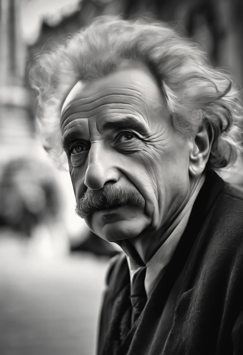Einstein in San Francisco, looking at viewert, face to the viewer, (eye contact with the camera), looking at the camera in, Perfect drawing, Perfectly drawn face, High quality, Cinematic quality, Clear details, High definition, high resolution, Photorealism, hyper photorealism, Professional photography, Studio lighting, Masterpiece, proportionate, Well drawn, No deformities, Draw precisely, in the style of van gogh