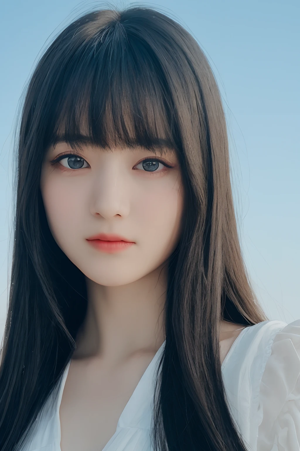 (detailed and realistic portrait of a girl with a clean face), (round eyes and long flutters hair shot outside),staring at camera,magical photography, dramatic lighting, photo realism, ultra-detailed,
intimate portrait composition, (centered image composition),(close up shot:1.6),best quality,f/1. 8, 85mm,
(28years asian woman), black_hair,(black_eyes:1.2),(bangs),makeup,white_dress,
(hazy blue_sky_background)