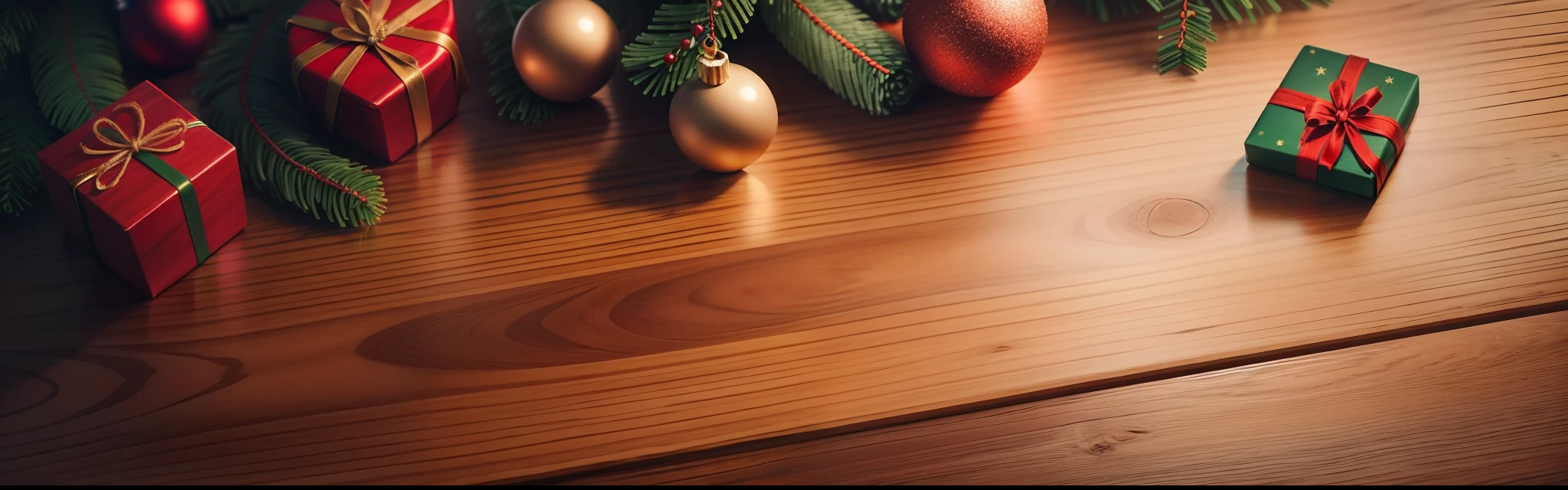 table top view of a wooden surface with Christmas items