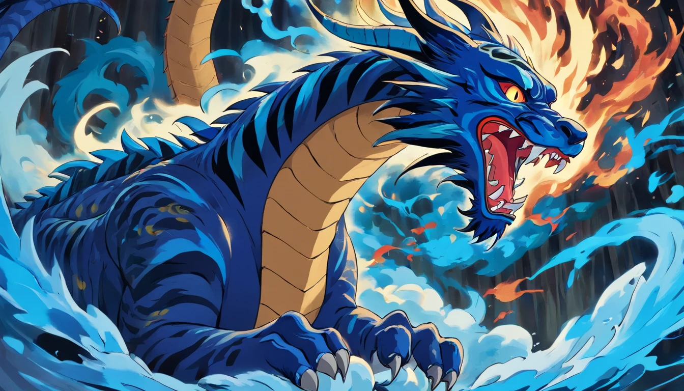 A dragon with blue flames and black tiger stripes, ferocious look on dragons face roaring, An exaggerated perspective, Unique yokai illustration, Details of realism, Qi Baishi style --niji 5 --relax --ar 16:9
