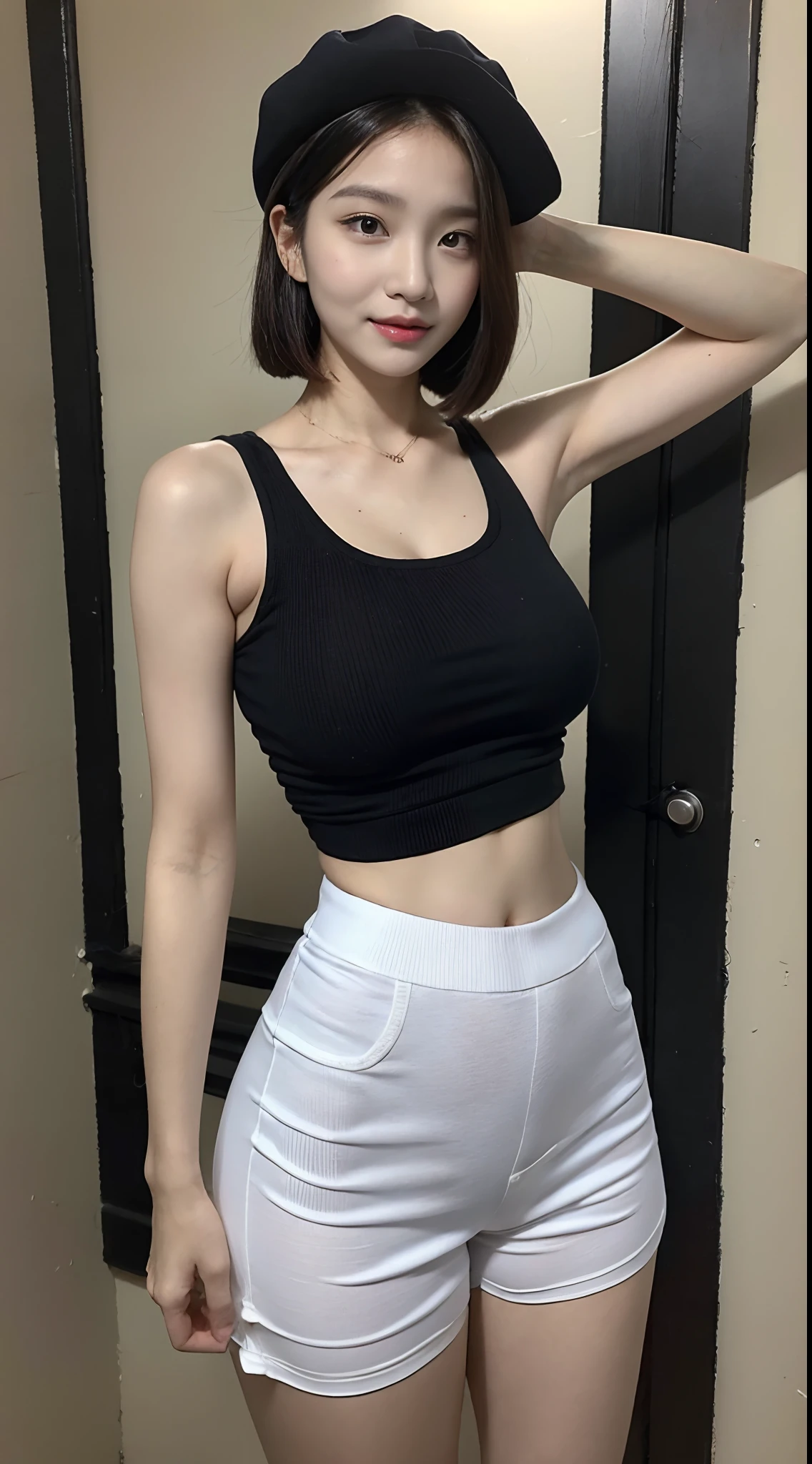 ((Best Quality, 8K, Masterpiece: 1.3)), (Newsboy Hat: 1.3), Focus: 1.2, Perfect Body Beauty: 1.4, Buttocks: 1.2, (Layered Haircut: 1.2)), (Dark Street: 1.3), Highly detailed face and skin texture, Full body, Fine eyes, Double eyelids, Whitened skin, Long hair, (Round face: 1.5), (Loose crop top, Shorts: 1.6)