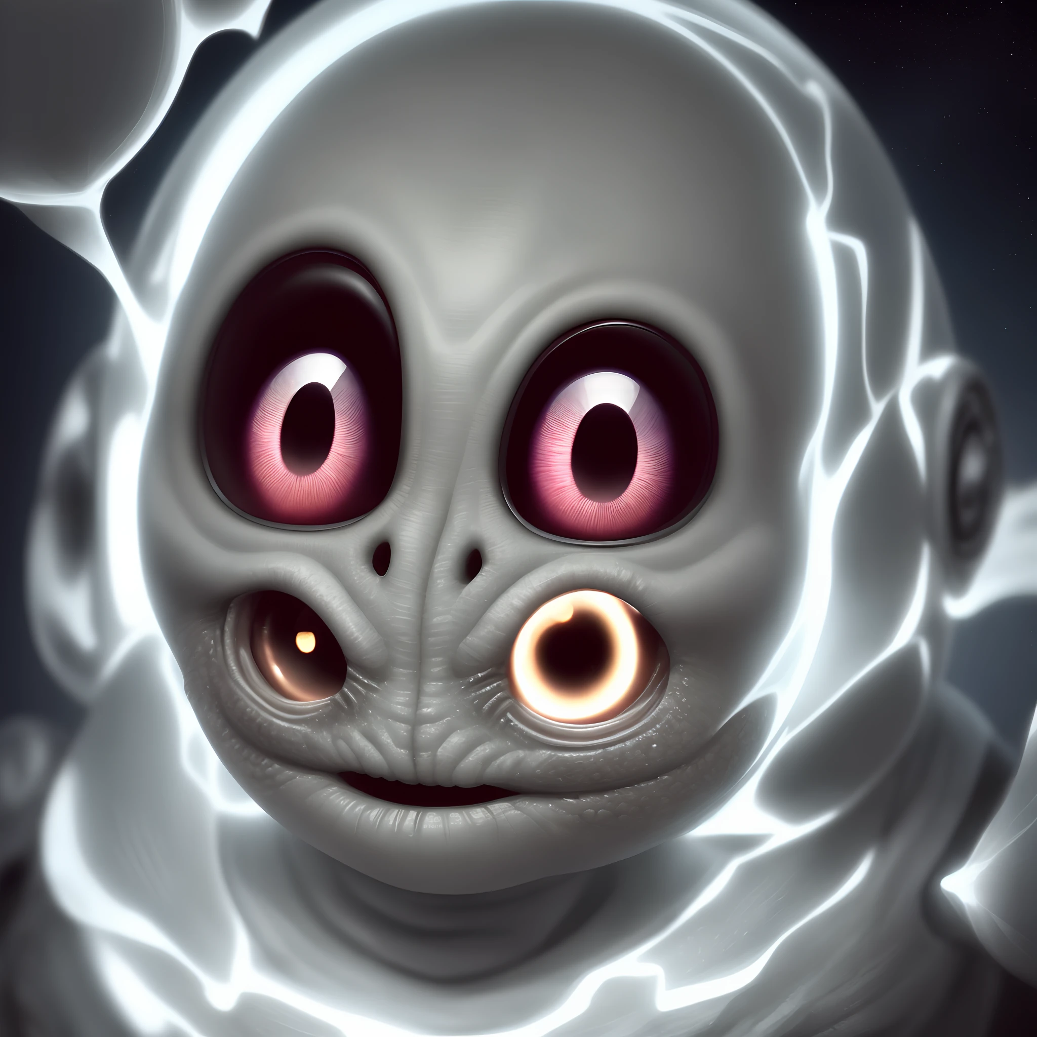 Generate an image of an alien face. The face should have warty skin and a crooked nose. The eyes should be large and dark, and the mouth should be small and thin. The alien should have a look of curiosity or intelligence on its face. The alien is eating something that is not visible to the viewer. This could be a food item, an object, or even another creature