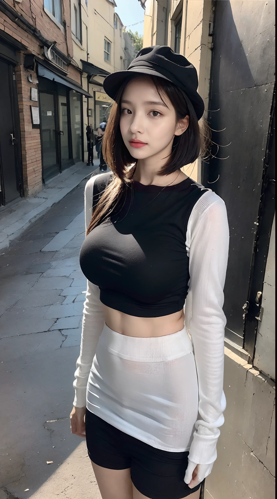 ((Best Quality, 8K, Masterpiece: 1.3)), (Newsboy Hat: 1.3), Focus: 1.2, Perfect Body Beauty: 1.4, Buttocks: 1.2, (Layered Haircut: 1.2)), (Dark Street: 1.3), Highly detailed face and skin texture, Full body, Fine eyes, Double eyelids, Whitened skin, Long hair, (Round face: 1.5), (Loose crop top, Shorts: 1.6)