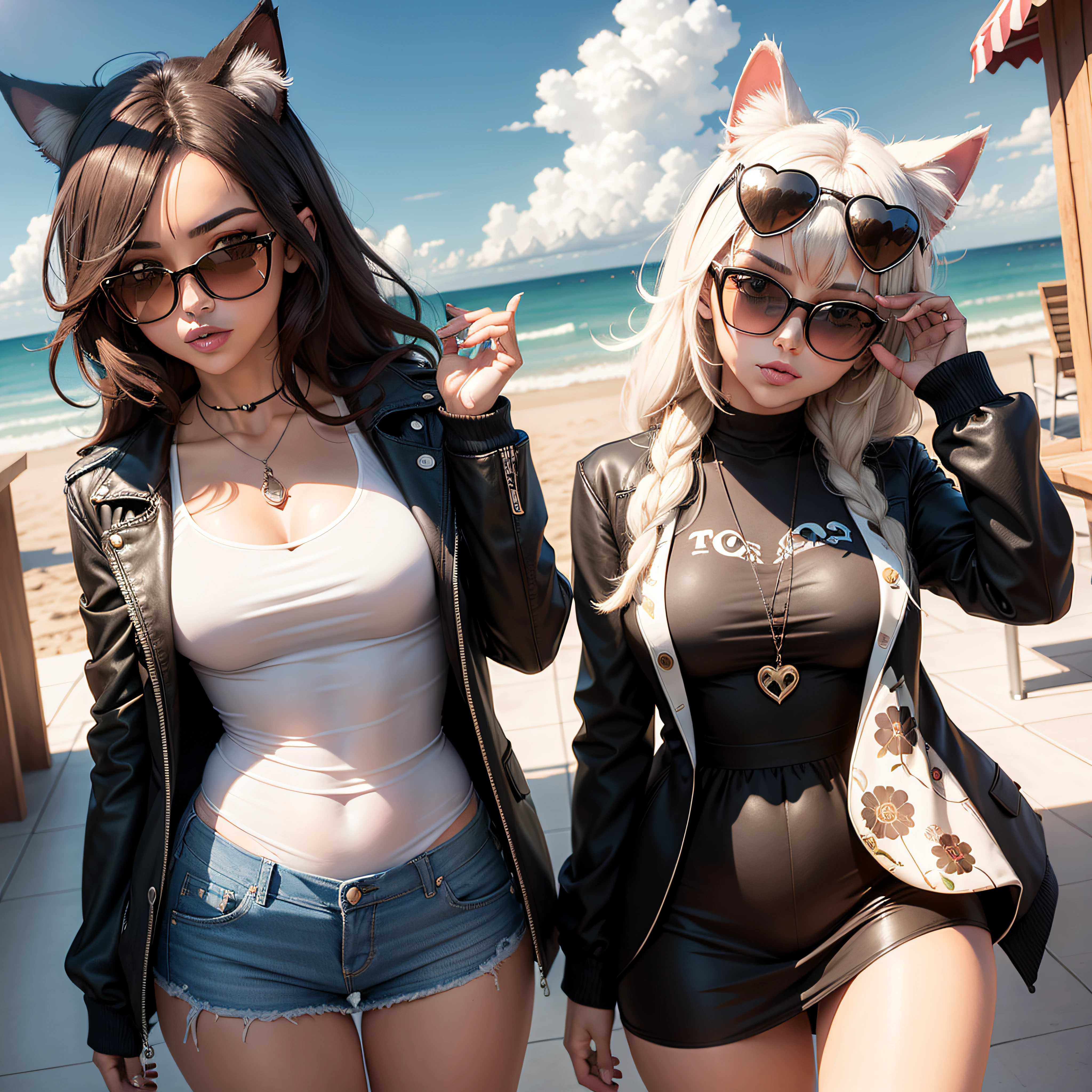Gato de dibujos animados con gafas de sol sentado sobre un fondo verde con corazones, Fursona con ropa elegante, Angiewolf, en estilo de dibujos animados, Luciendo genial y elegante, muy estilizado, a la moda, Hembra Fursona, anthropomorphic cat, en gafas de sol, con gafas de sol, caricaturesco y simplista, Vestido casualmente, r/Aw, Usar sombras, Democat